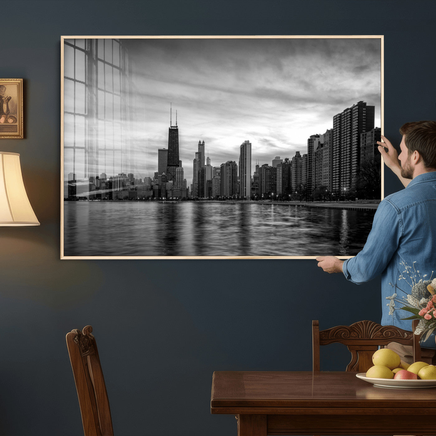 74552581-MGV-CV-36X24 - Chicago Wall Art Canvas Print, Chicago City Downtown Night Cityscape Print for Modern Urban Wall Decor