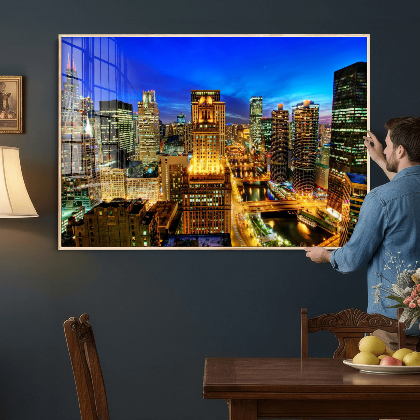 46298885-MGV-CV-36X24 - Chicago Wall Art Canvas Print, Chicago City Downtown Night Cityscape Print for Modern Urban Wall Decor
