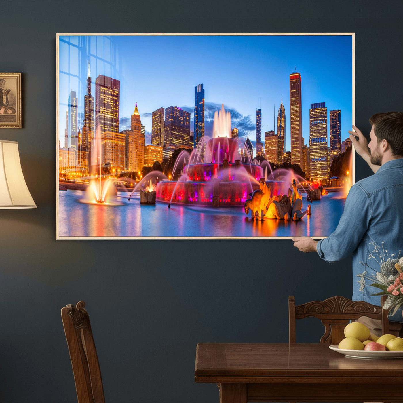 20251989-MGV-CV-36X24 - Chicago Wall Art Canvas Print, Chicago City Downtown Night Cityscape Print for Modern Urban Wall Decor