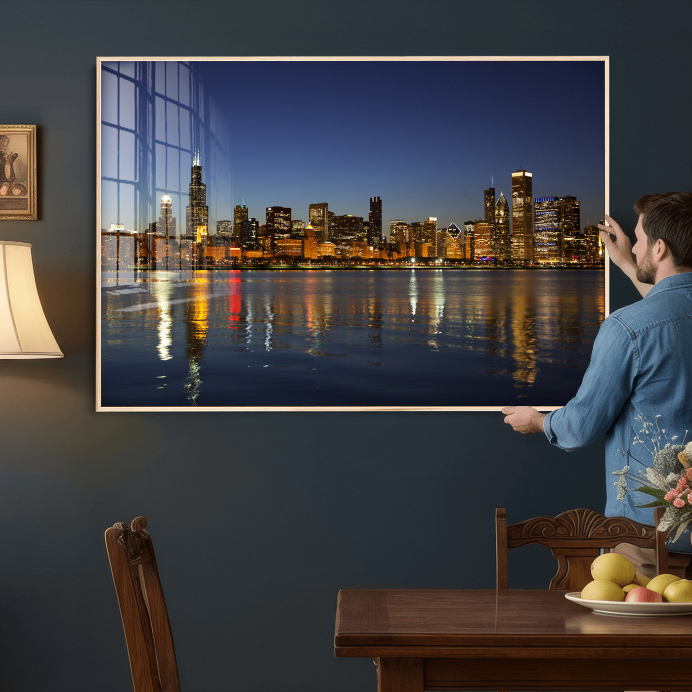 67308035-MGV-CV-36X24 - Chicago Wall Art Canvas Print, Chicago City Downtown Night Cityscape Print for Modern Urban Wall Decor