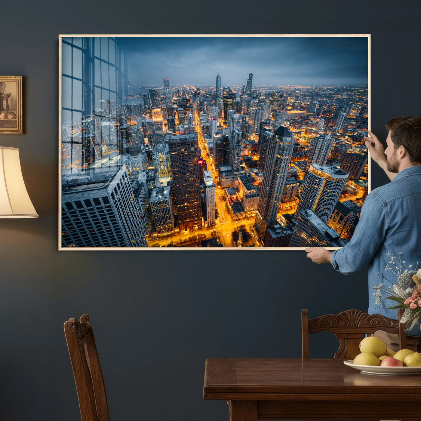 81742538-MGV-CV-36X24 - Chicago Wall Art Canvas Print, Chicago City Downtown Night Cityscape Print for Modern Urban Wall Decor