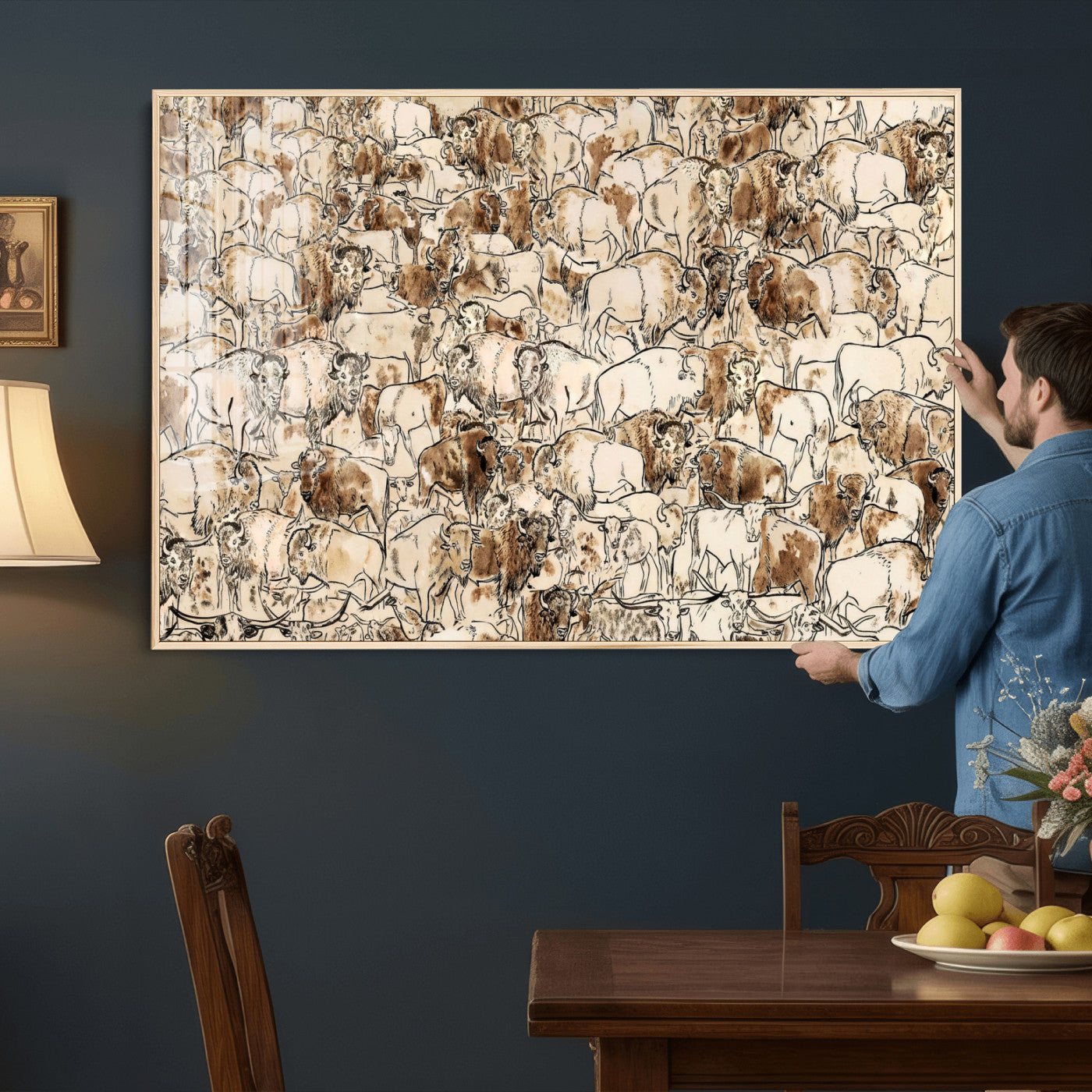 50142019-MGV-CV-36X24 - Farmhouse Animals Wall Art Canvas Print - Abstract Farm Animal Drawing Mid-Century Wall Art for Cabin Decor