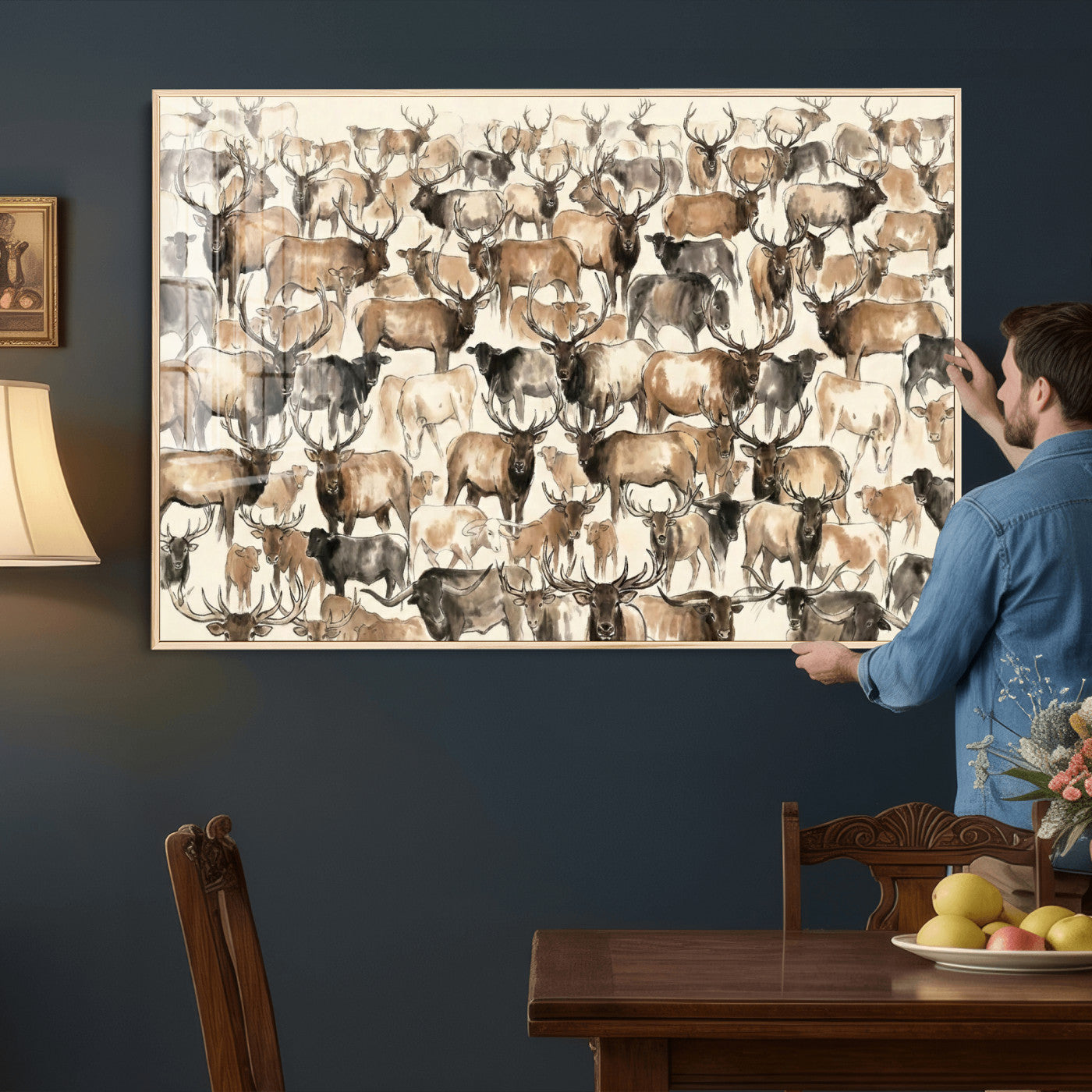 24374881-MGV-CV-36X24 - Farmhouse Animals Wall Art Canvas Print - Abstract Farm Animal Drawing Mid-Century Wall Art for Cabin Decor