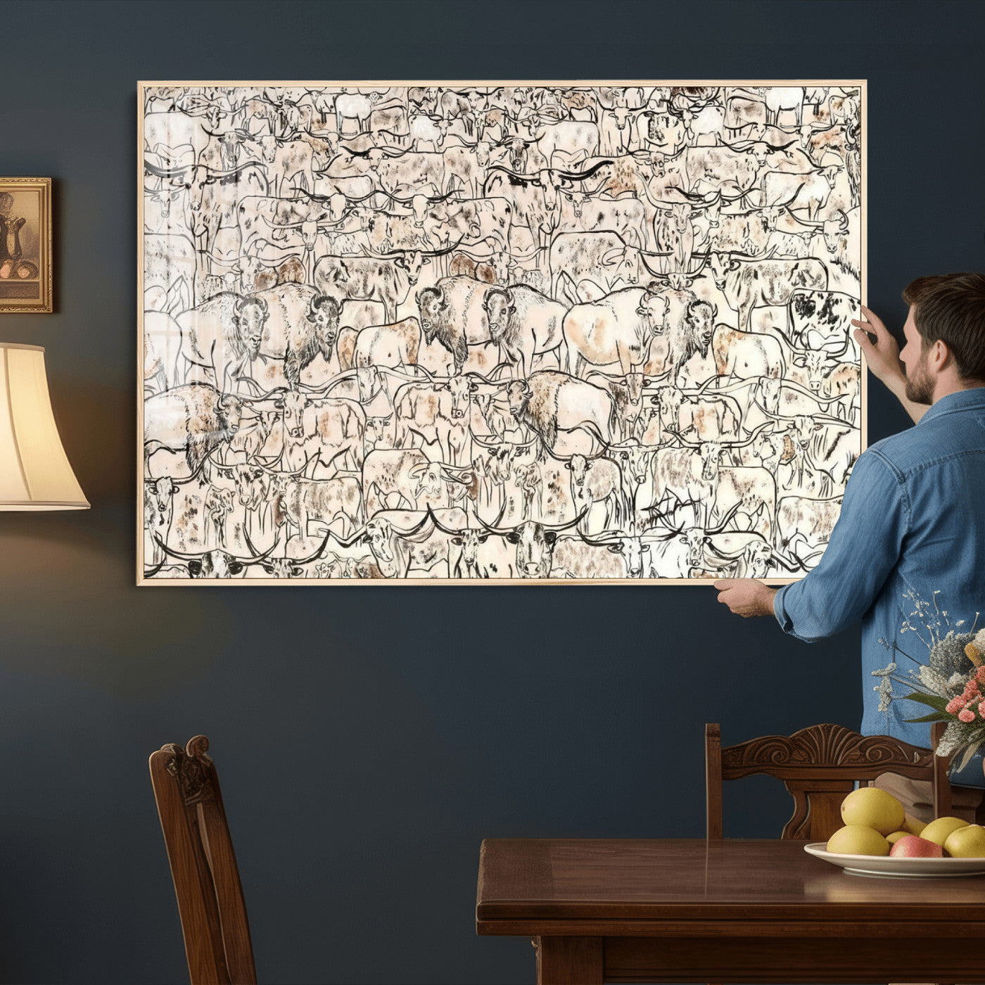 36925875-MGV-CV-36X24 - Farmhouse Animals Wall Art Canvas Print - Abstract Farm Animal Drawing Mid-Century Wall Art for Cabin Decor