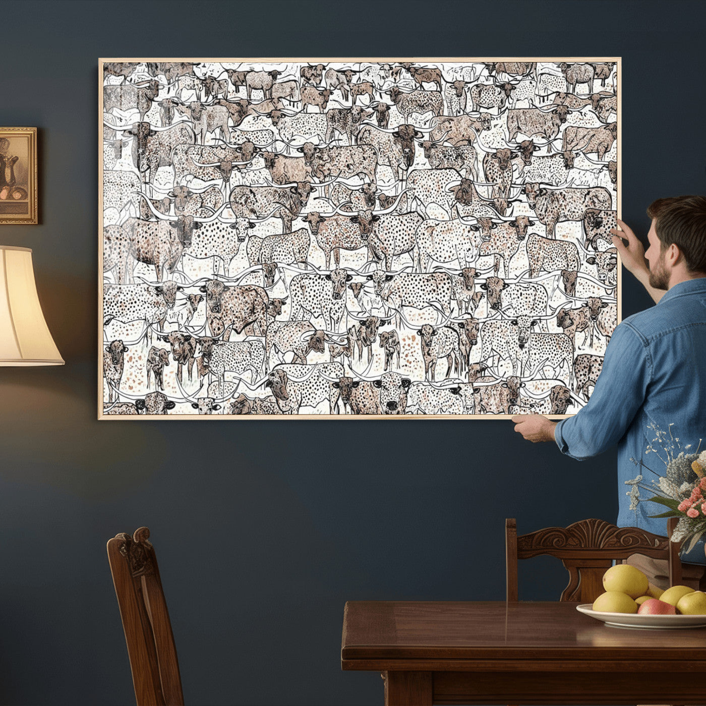 49200255-MGV-CV-36X24 - Farmhouse Animals Wall Art Canvas Print - Abstract Farm Animal Drawing Mid-Century Wall Art for Cabin Decor