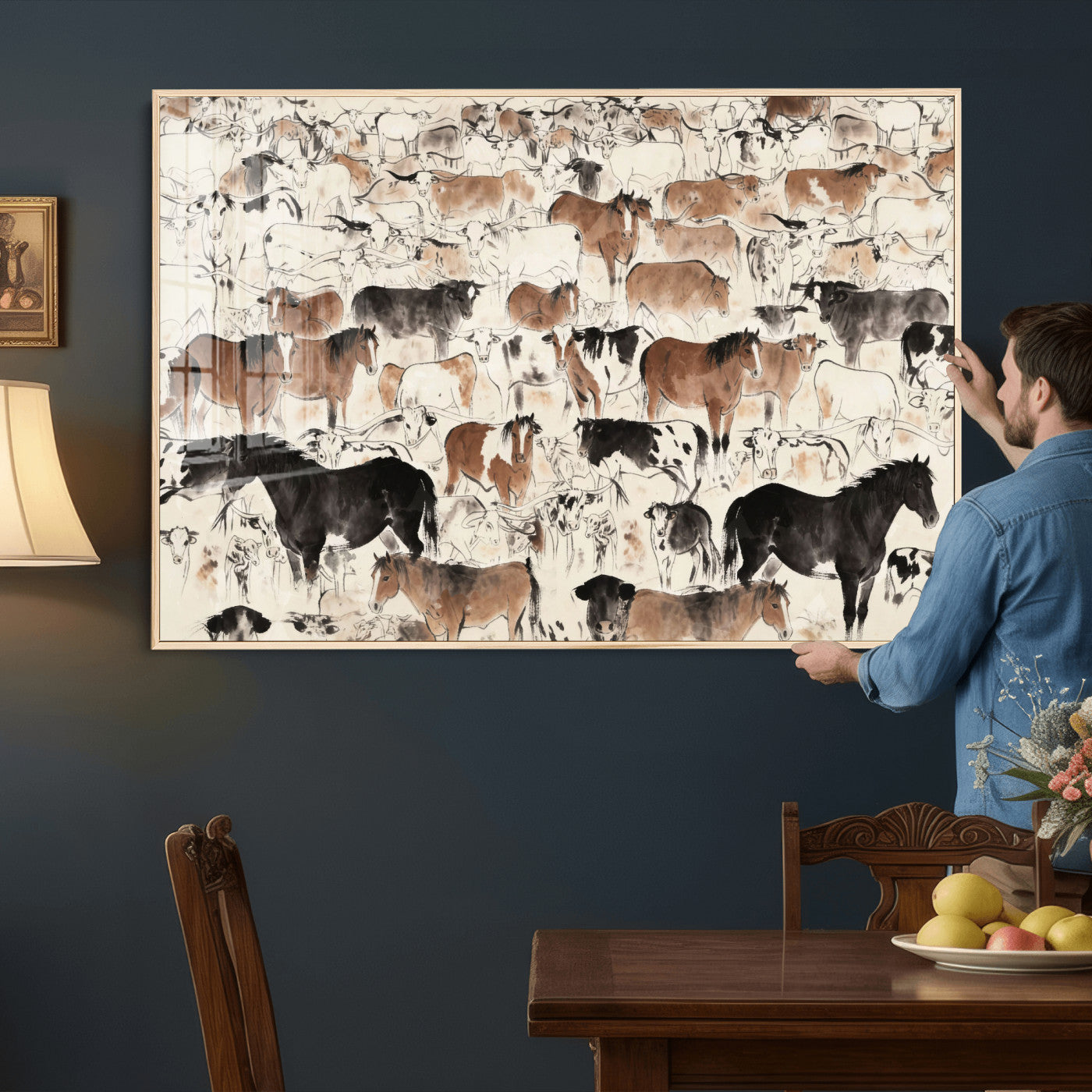 74171578-MGV-CV-36X24 - Farmhouse Animals Wall Art Canvas Print - Abstract Farm Animal Drawing Mid-Century Wall Art for Cabin Decor