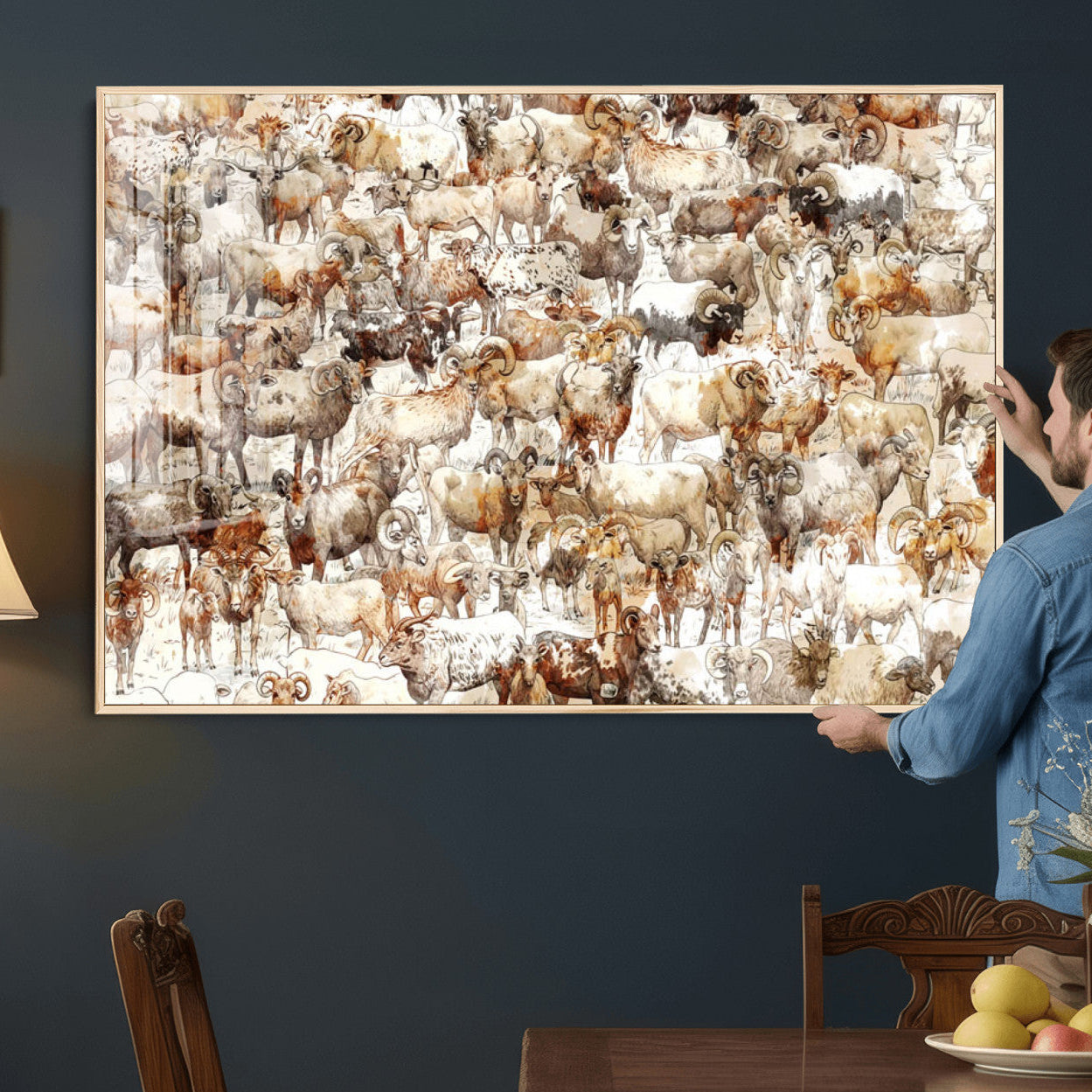 95103864-MGV-CV-36X24 - Farmhouse Animals Wall Art Canvas Print - Abstract Farm Animal Drawing Mid-Century Wall Art for Cabin Decor