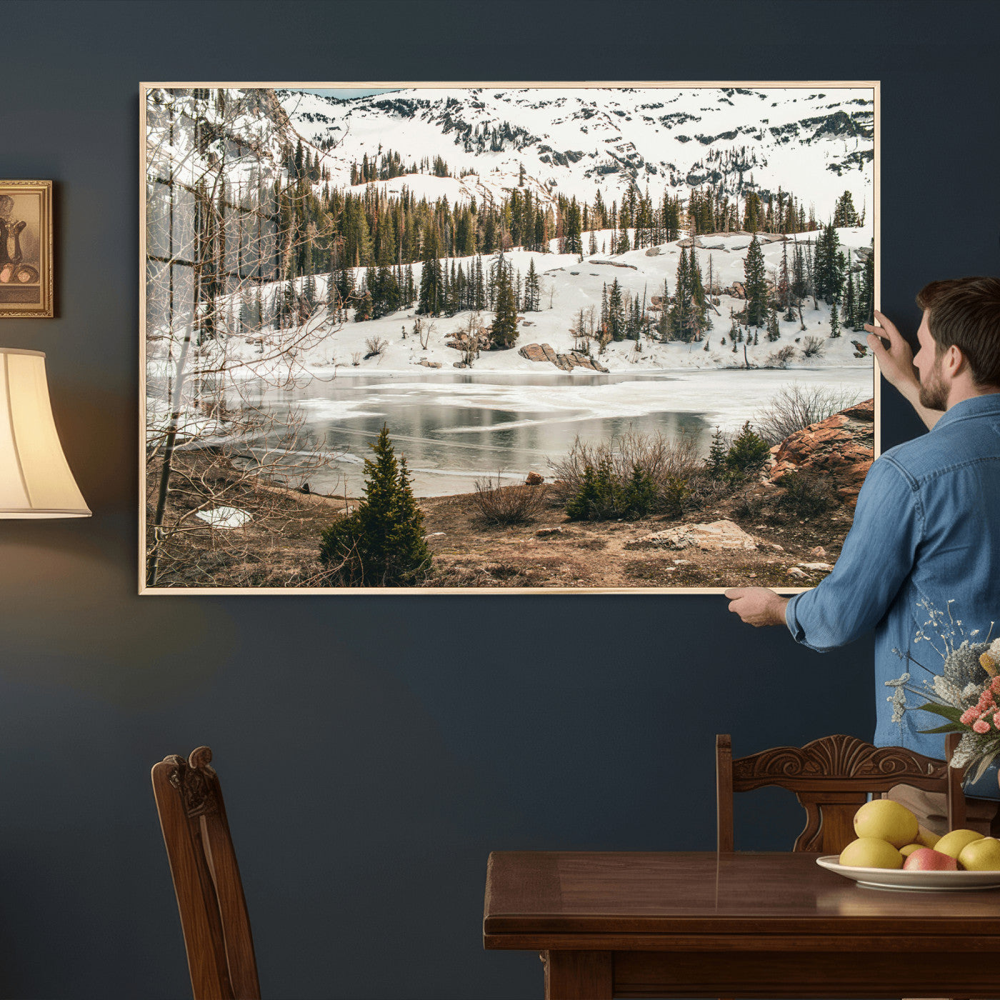 10336249-MGV-CV-36X24 - Snowy Mountain Landscape Wall Art Canvas Print, Alpine Pine Forest Winter Nature Wall Decor for Living Room and Office