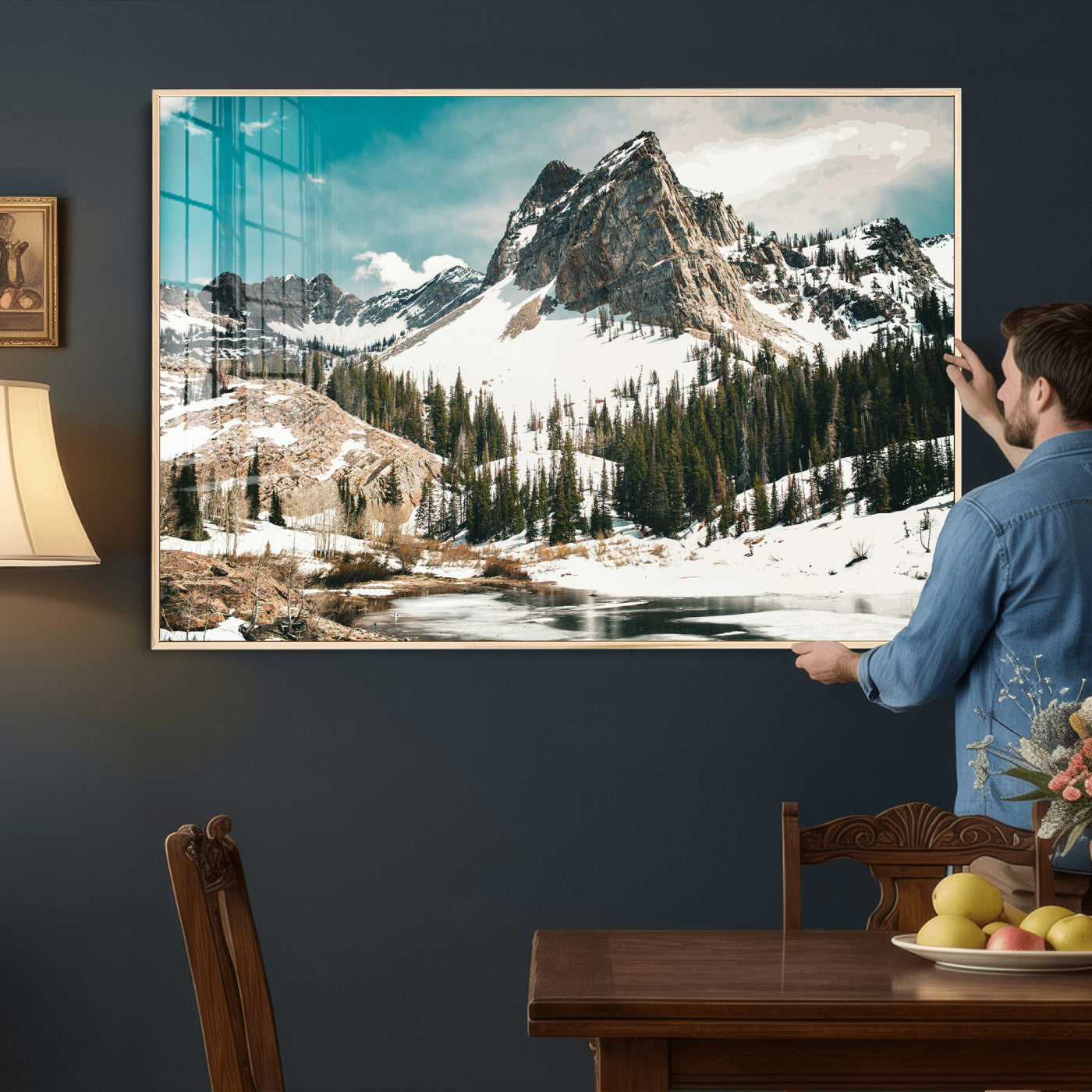 56837070-MGV-CV-36X24 - Snowy Mountain Landscape Wall Art Canvas Print, Alpine Pine Forest Winter Nature Wall Decor for Living Room and Office