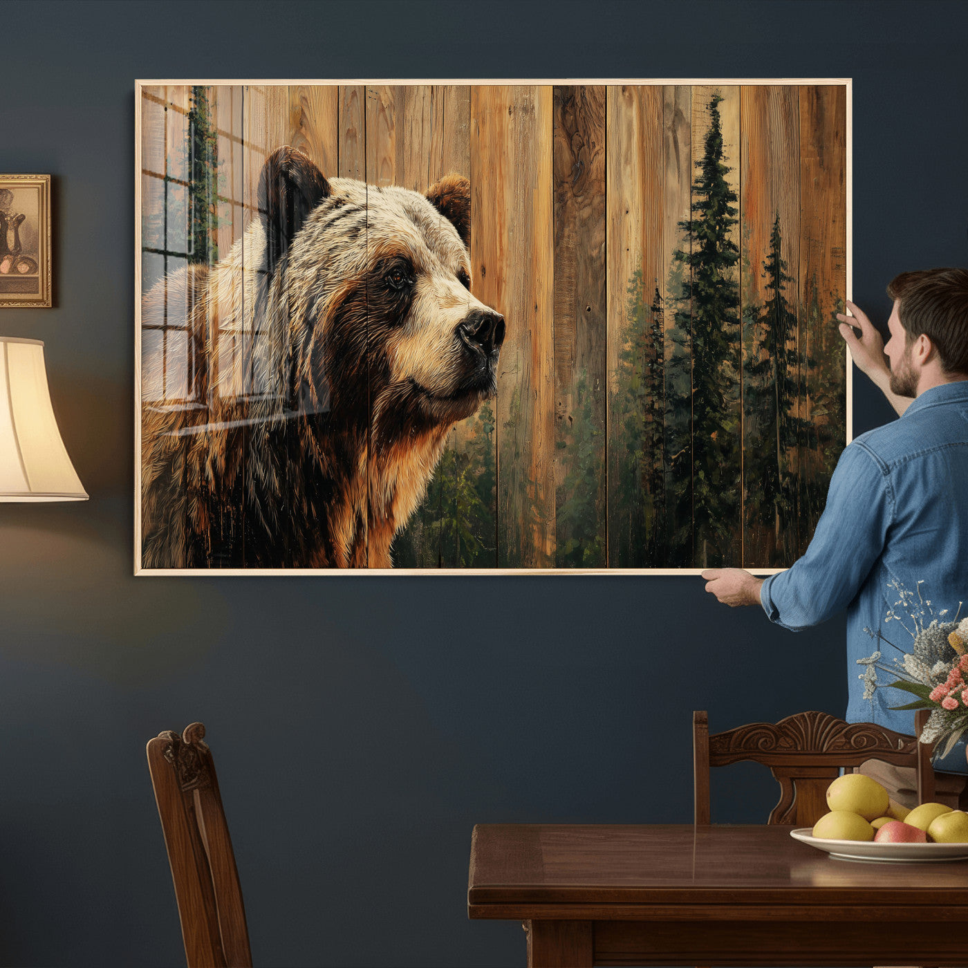 75645180-MGV-CV-36X24 - Grizzly Bear Wall Art Canvas Print, Rustic Wildlife Bear Artwork, Forest Animal Painting, Cabin Lodge Nature Wall Decor
