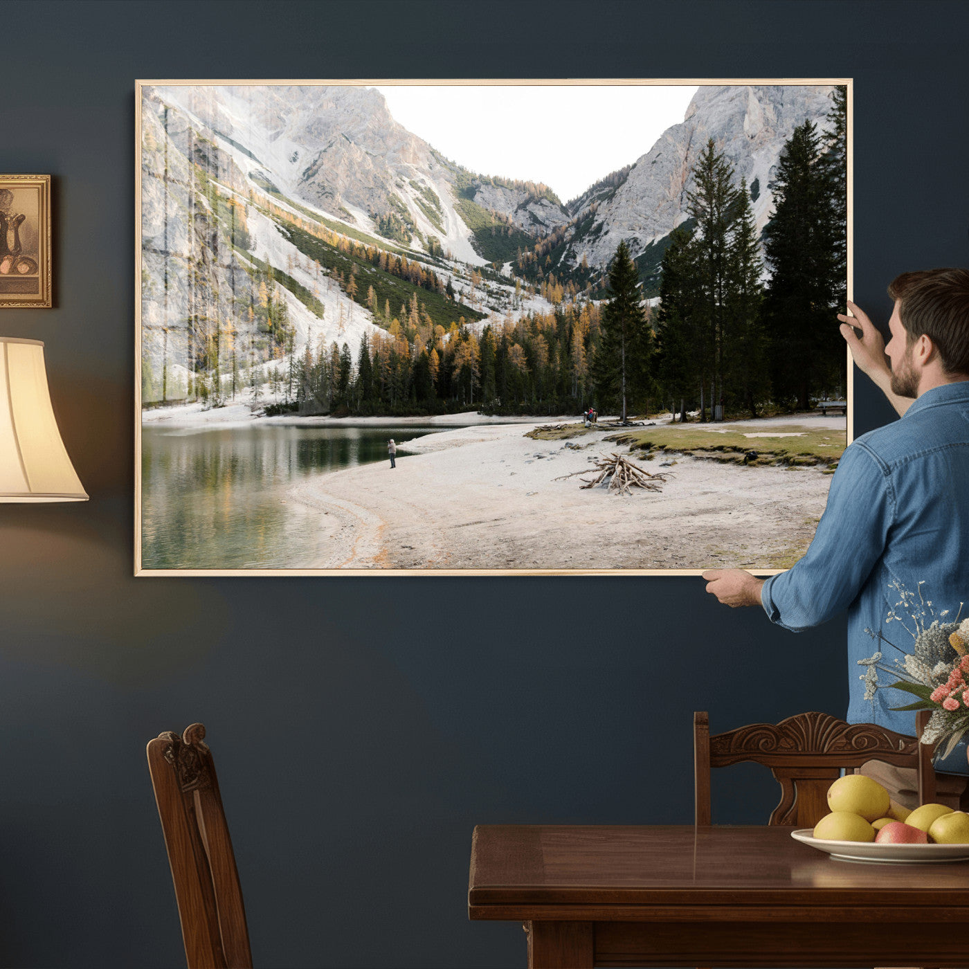 89246758-MGV-CV-36X24 - Lake Braies Alpine Landscape Wall Art Canvas Print, Dolomites Mountain Lake Forest Canvas Print, Italian Alps Scenic Nature Art Printing