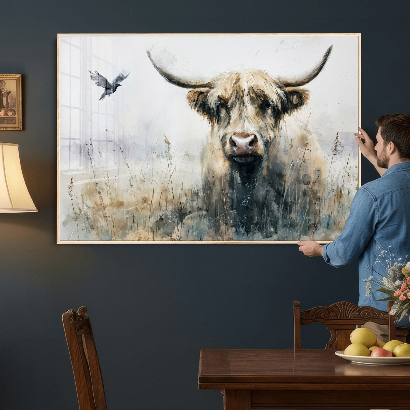 55652651-MGV-CV-36X24 - Abstract Highland Cow Watercolor Animal Wall Art Canvas Print, Rustic Farm Cattle Portrait Canvas Print, Neutral Wildlife Farmhouse Art Printing