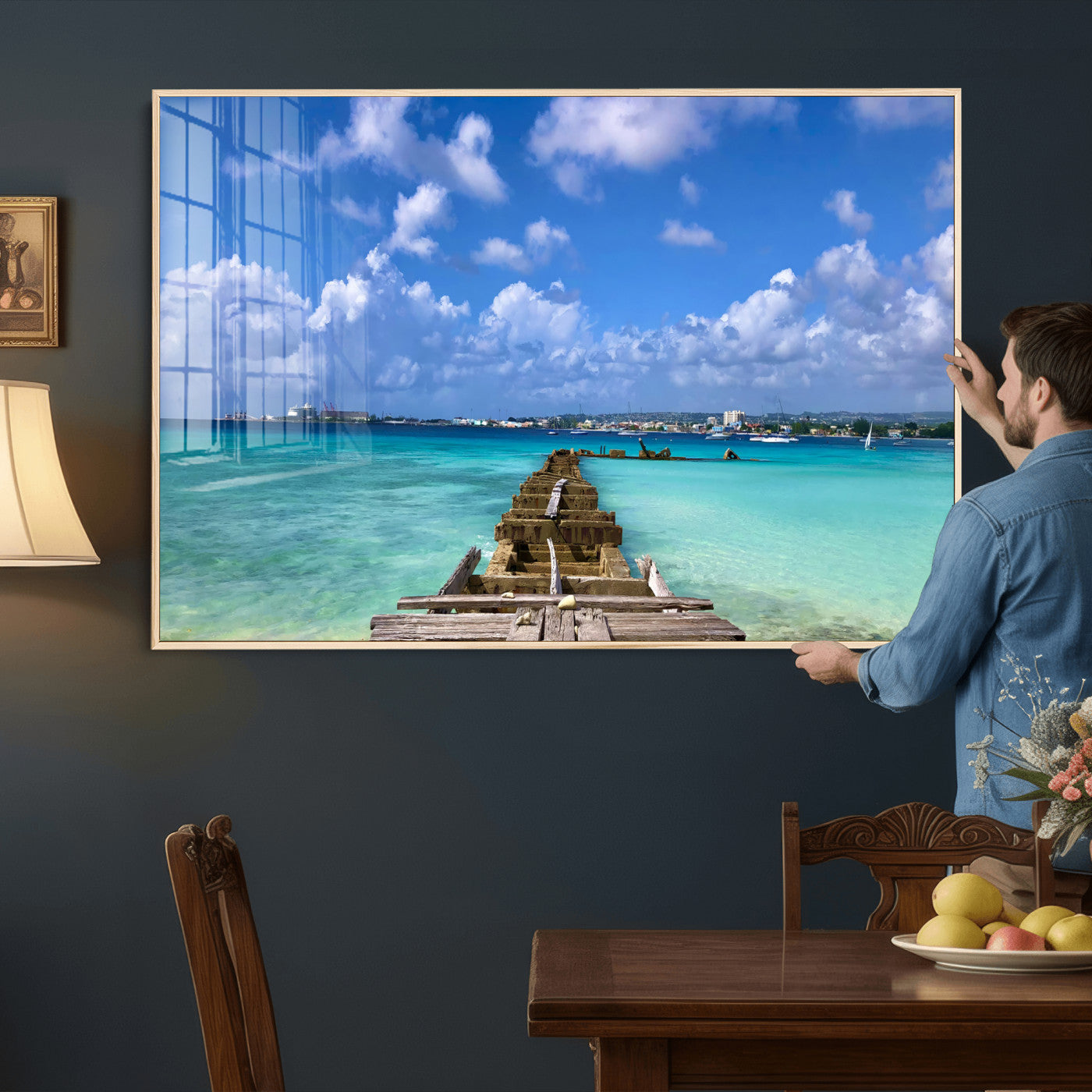 43165024-MGV-CV-36X24 - Caribbean Ocean Pier Seascape Wall Art Canvas Print, Turquoise Sea Tropical Harbor Canvas Print, Island Coastal Blue Water Scenic Art Printing