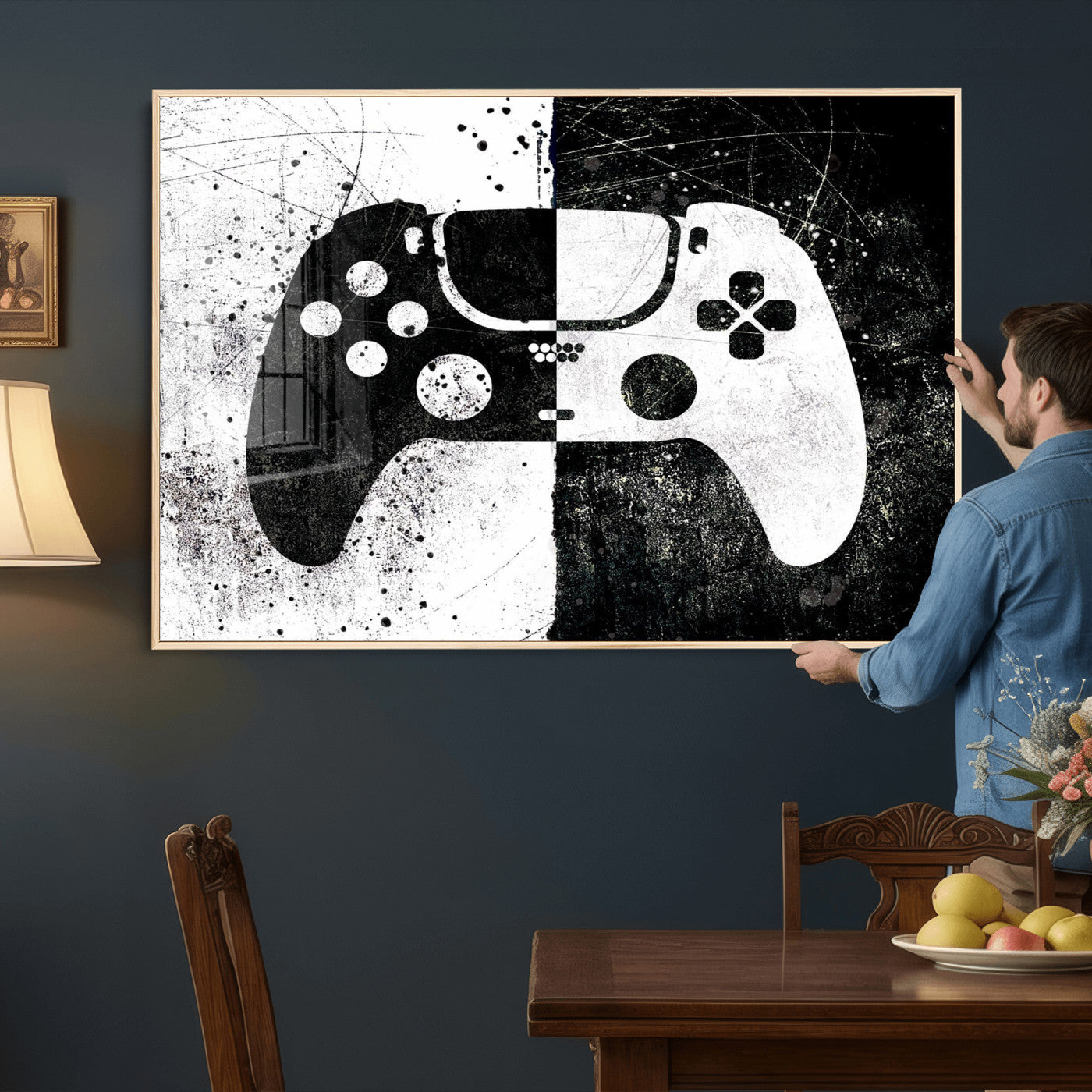 17525128-MGV-CV-36X24 - Abstract Gaming Controller Wall Art Canvas Print, Black White Video Game Controller Modern Canvas Print, Minimal Gamer Graphic Art Printing