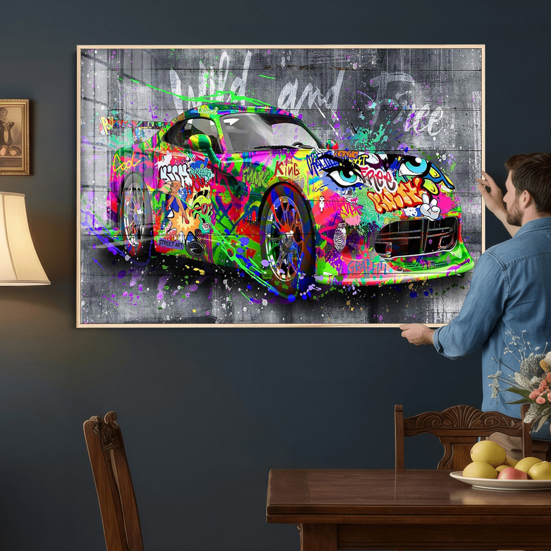 Graffiti Sports Car Street Art Wall Art Canvas Print, Colorful Urban Pop Art