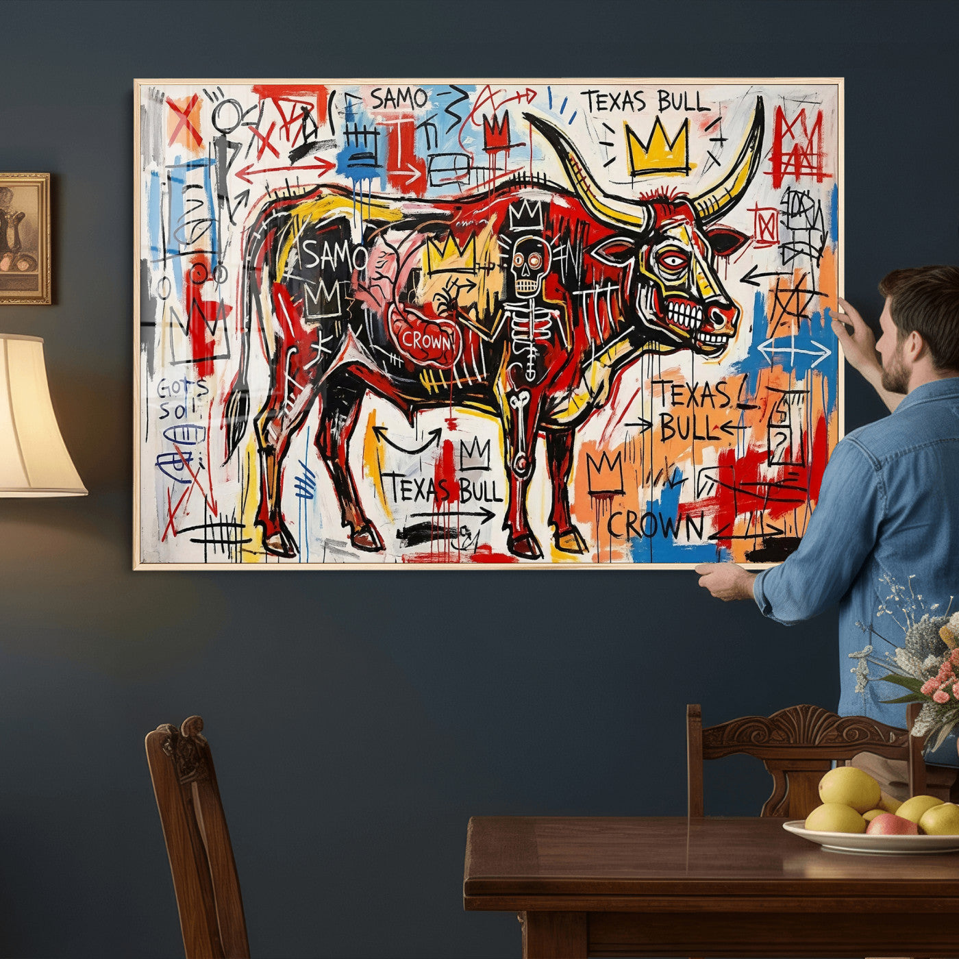 89504579-MGV-CV-36X24 - TITLE: Texas Bull Wall Art Canvas Print, Abstract Graffiti Bull Painting, Western Animal Art, Modern Ranch Decor