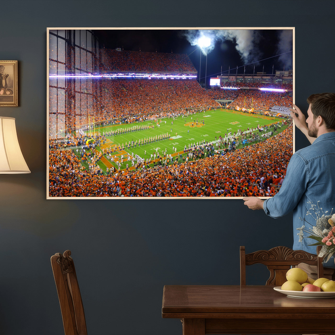 43662631-MGV-CV-36X24 - Clemson Football Stadium Wall Art Canvas Print, College Football Crowd Night Game Scene, Orange Stadium Panorama Wall Decor