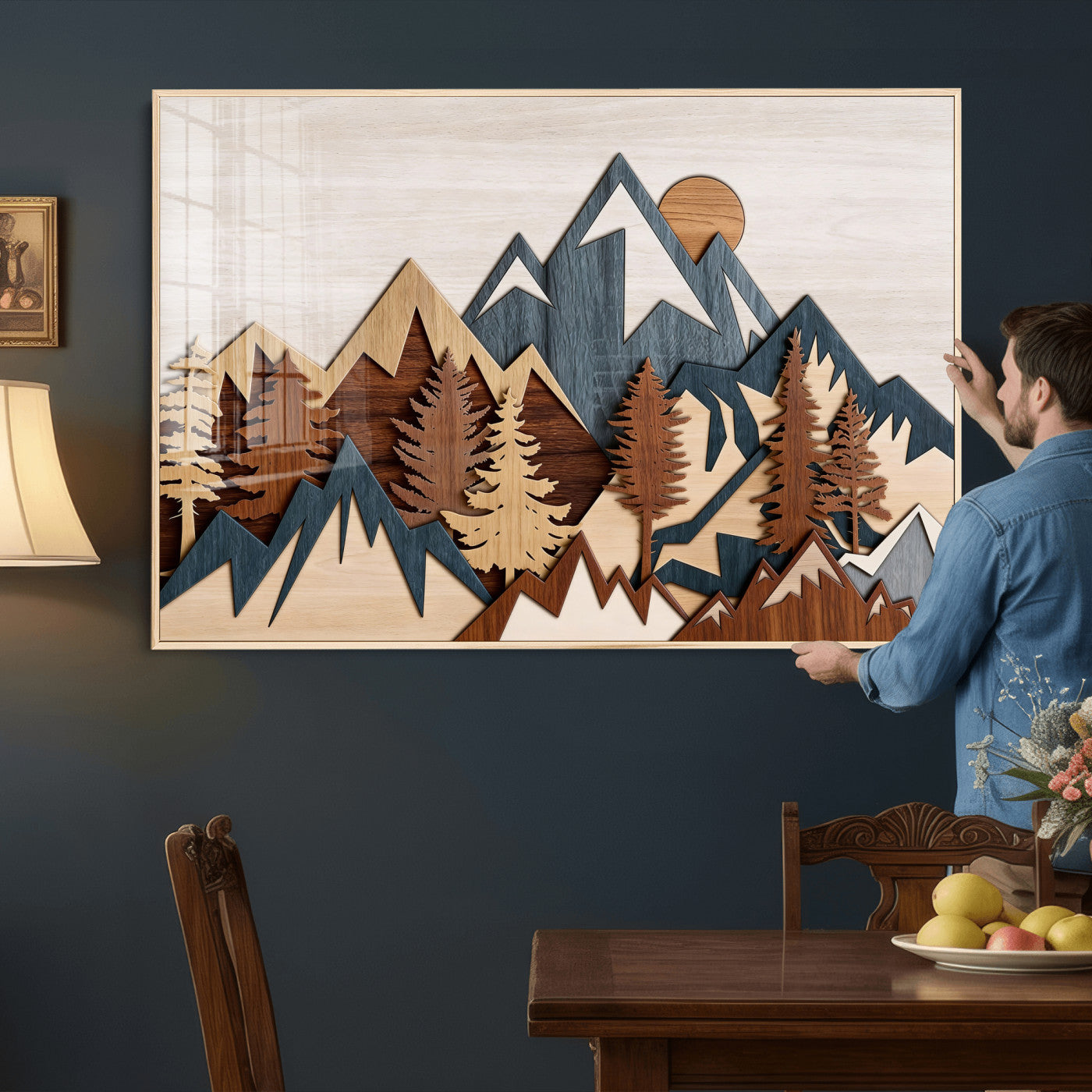 39888898-MGV-CV-36X24 - Layered Wooden Mountain Wall Art Canvas Print, Modern Rustic Forest and Pine Landscape Wall Decor