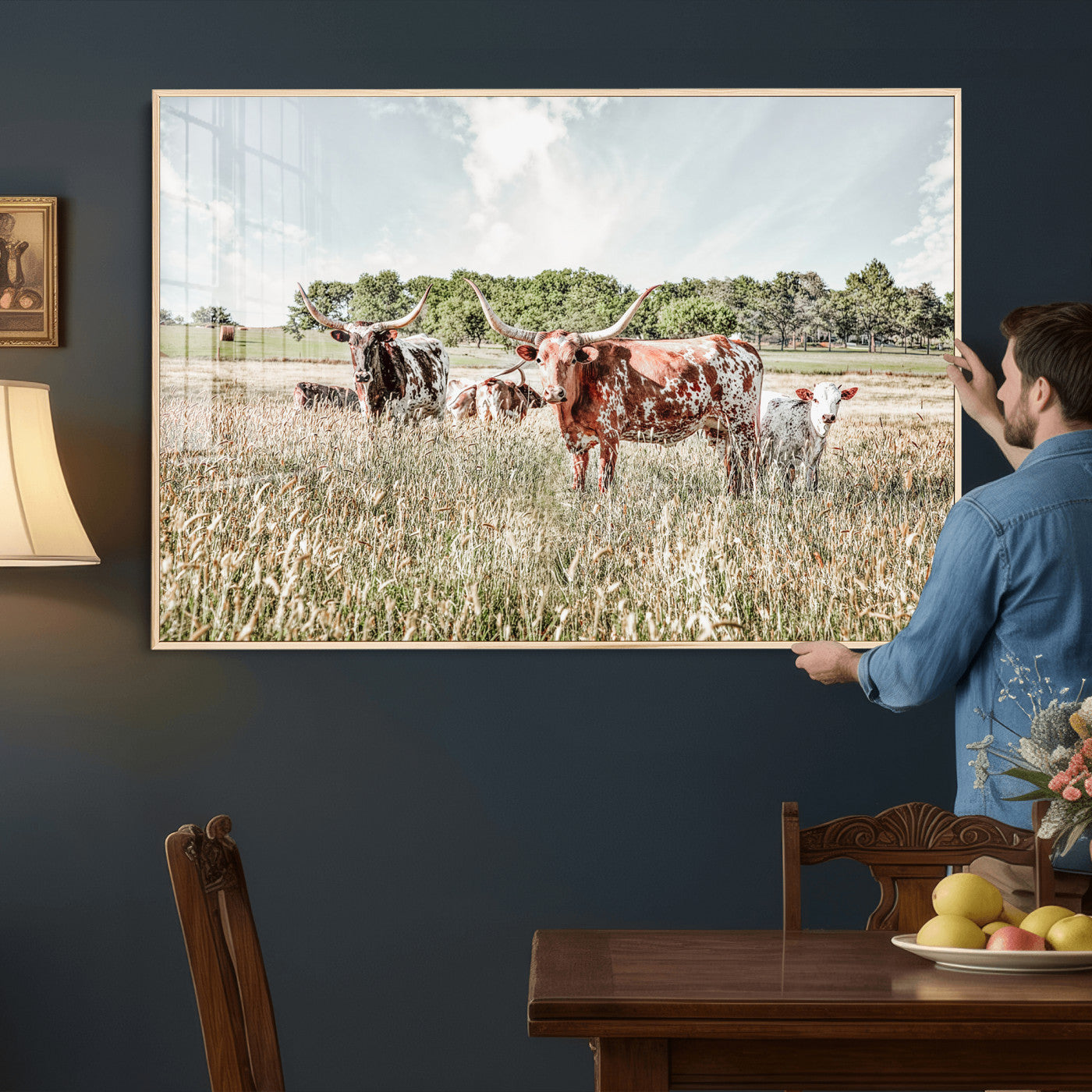 21823552-MGV-CV-36X24 - Texas Longhorn Cattle Wall Art Canvas Print, Rustic Ranch Landscape Artwork, Western Farm Field Scene, Country Prairie Animal Canvas Wall Art