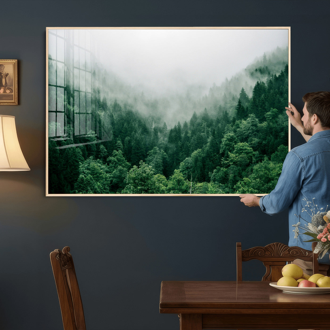 61640815-MGV-CV-36X24 - Misty Pine Forest Wall Art Canvas Print, Foggy Evergreen Landscape Wall Decor, Moody Green Nature Artwork, Minimal Forest Canvas Wall Art, Framed Canvas Wall Art Ready to Hang