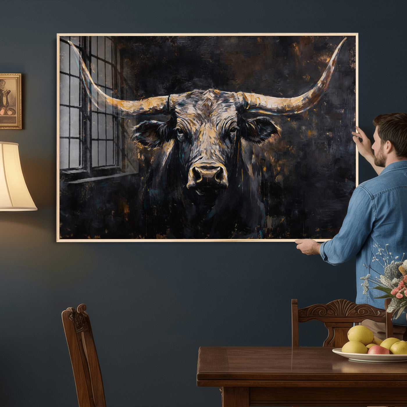 17622011-MGV-CV-36X24 - Abstract Longhorn Bull Wall Art Canvas Print – Dark Rustic Western Cattle Artwork for Farmhouse, Ranch, Cabin, and Office Decor