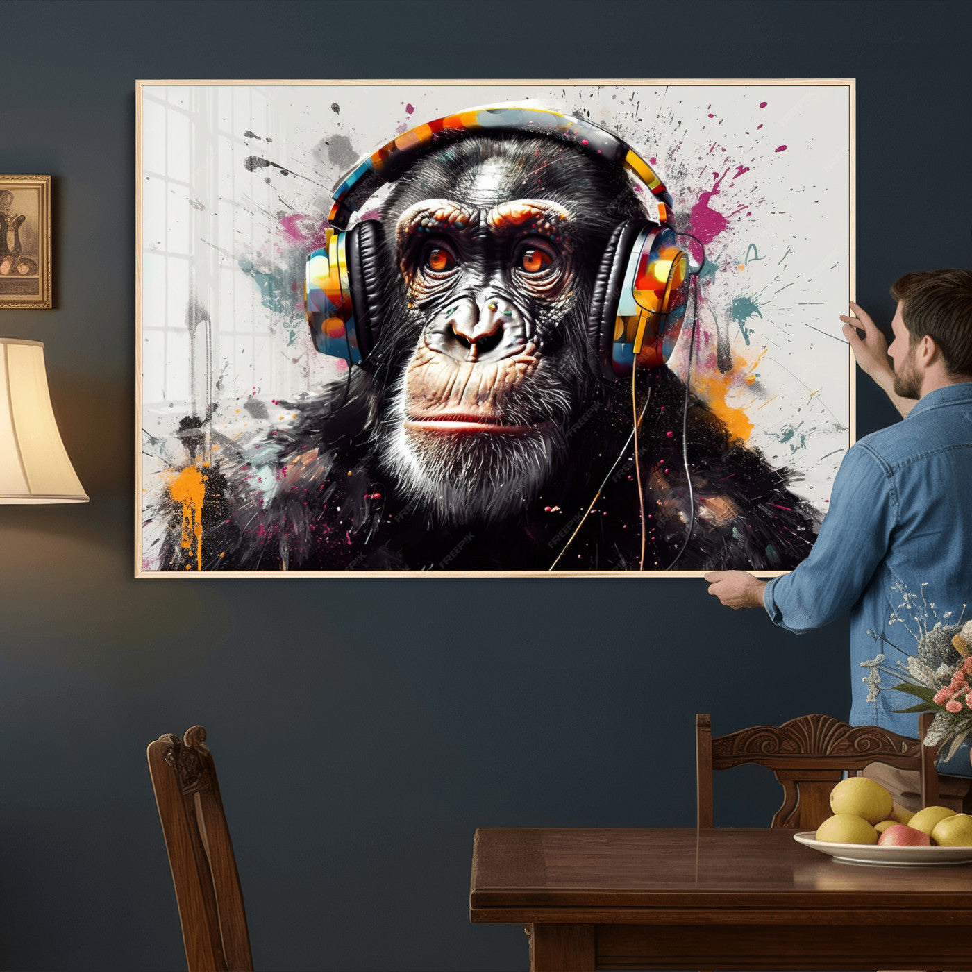 31244985-MGV-CV-36X24 - Dj Monkey Wall Art Canvas Print – Colorful Pop Art Banksy Graffiti Chimpanzee Print