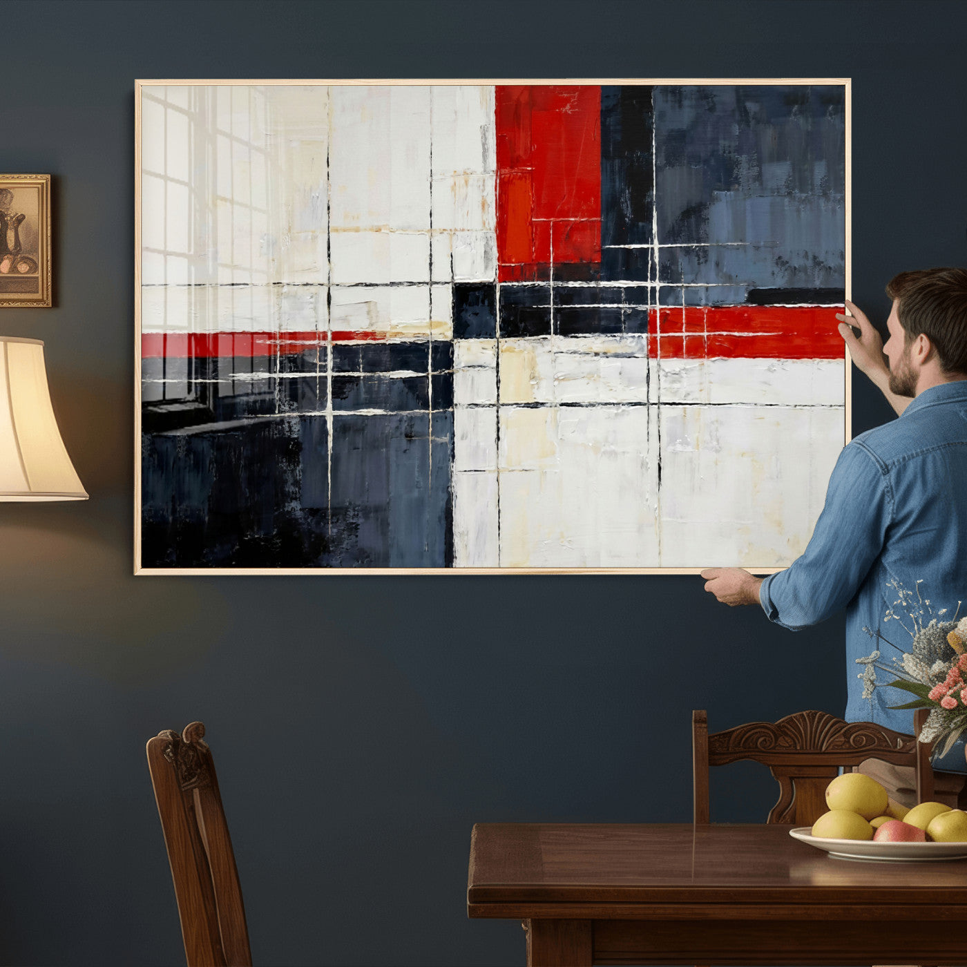 11921181-MGV-CV-36X24 - Navy Red Abstract Wall Art Canvas Print, Modern Luxury Geometric Painting Wall Decor for Living Room and Office