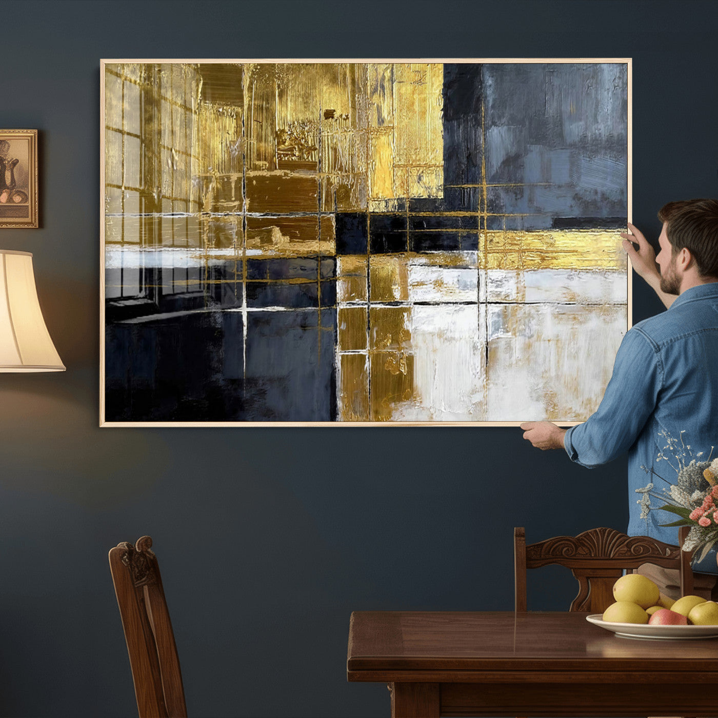 76917030-MGV-CV-36X24 - Gold Navy Abstract Wall Art Canvas Print, Modern Luxury Geometric Painting Wall Decor for Living Room and Office