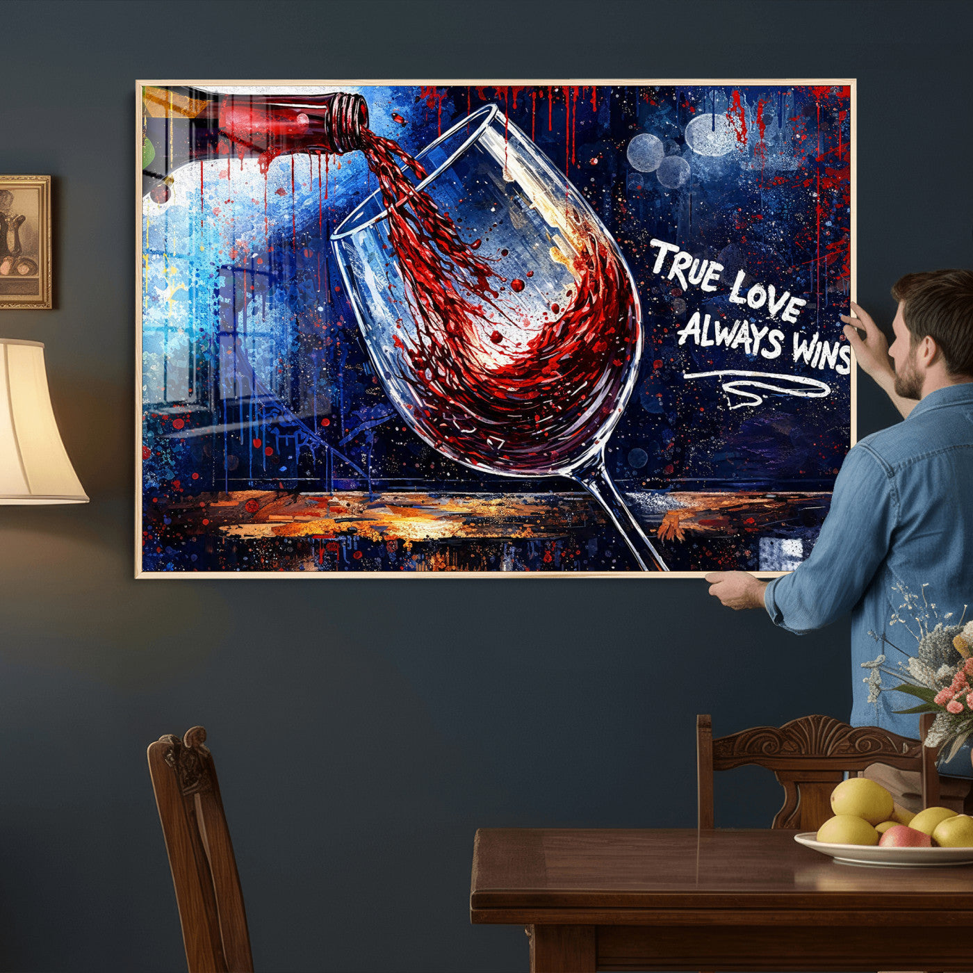 88788932-MGV-CV-36X24 - Red Wine Splash Abstract Wall Art Canvas Print, Modern Wine Glass Painting Canvas Print, Romantic Quote Contemporary Bar Art Print