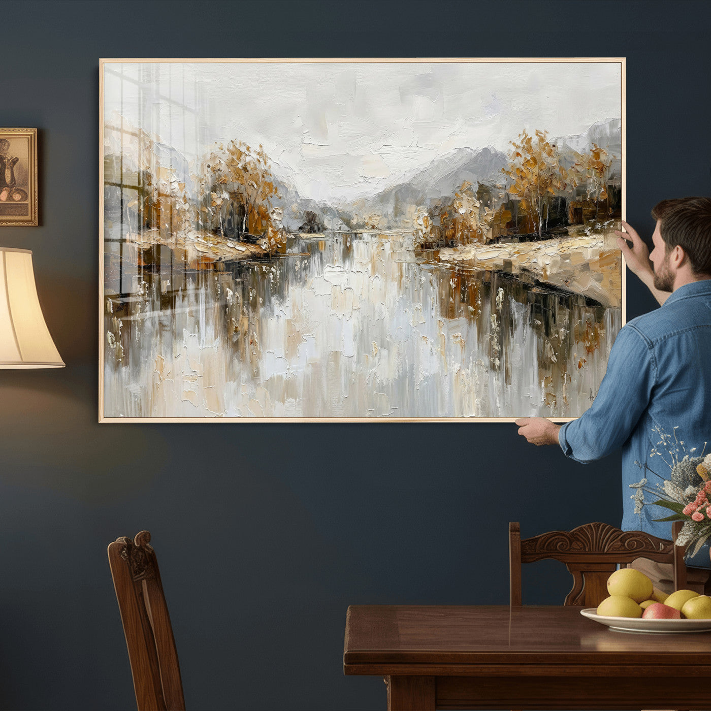 78227690-MGV-CV-36X24 - Neutral Abstract Lake Landscape Wall Art Canvas Print, Modern Minimal River Reflection Canvas Print, Beige Gray Contemporary Nature Art Printing
