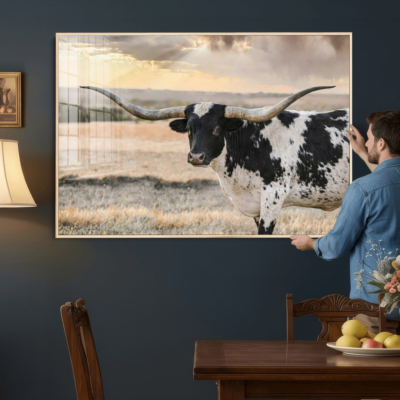 49350433-MGV-CV-36X24 - Texas Longhorn Bull Rustic Wall Art Canvas Print, Western Cattle Photography Canvas Print, Ranch Farm Animal Western Art Printing