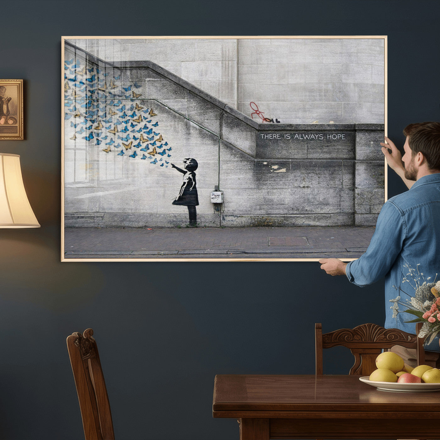15274223-MGV-CV-36X24 - Banksy Girl with Butterflies Street Art Wall Art Canvas Print, Hope Graffiti Urban Art Canvas Print, Minimalist Inspirational Street Art Contemporary Art Printing