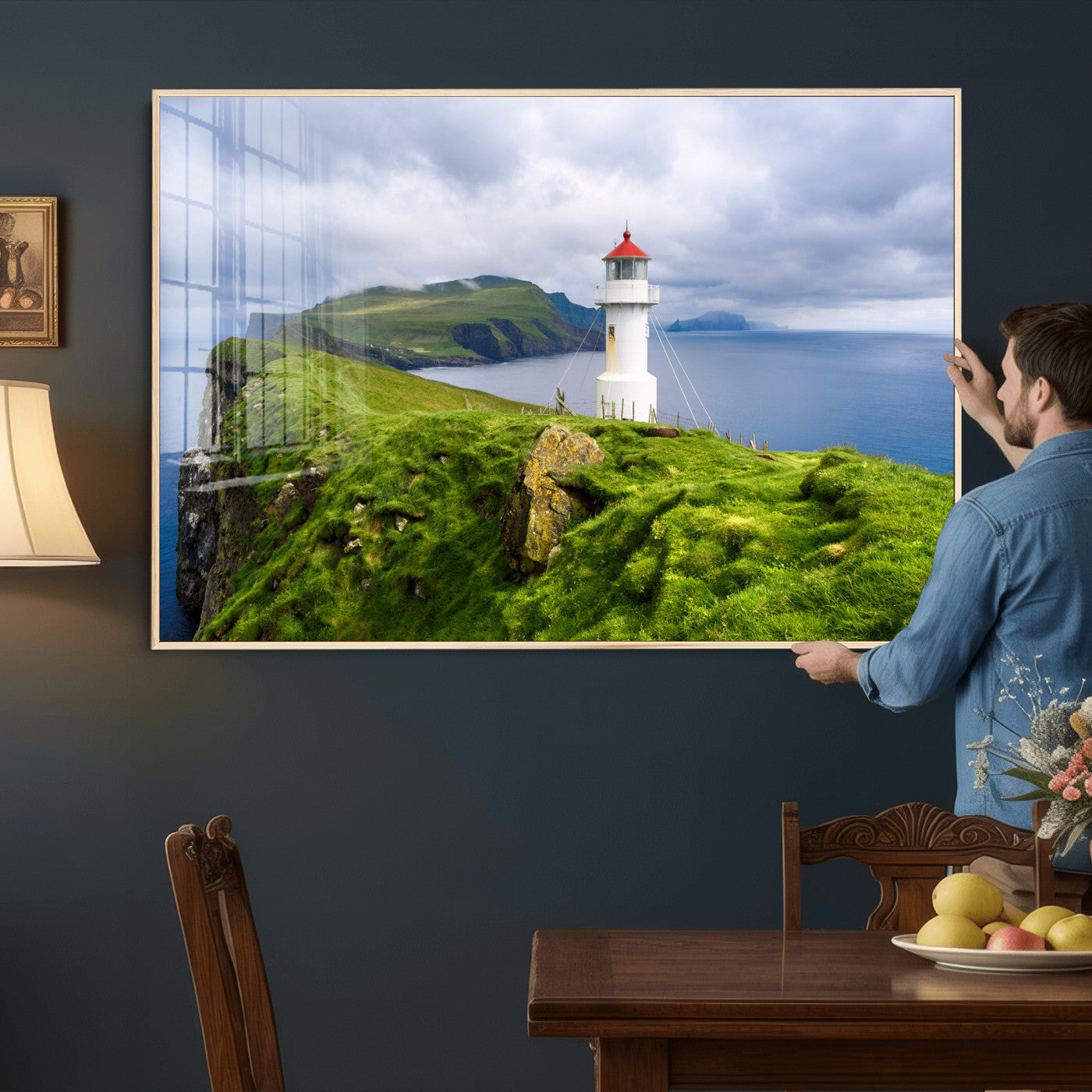 10680390-MGV-CV-36X24 - Coastal Lighthouse Wall Art Canvas Print, Cliffside Ocean Landscape Canvas Print, Scandinavian Coastal Decor for Living Room