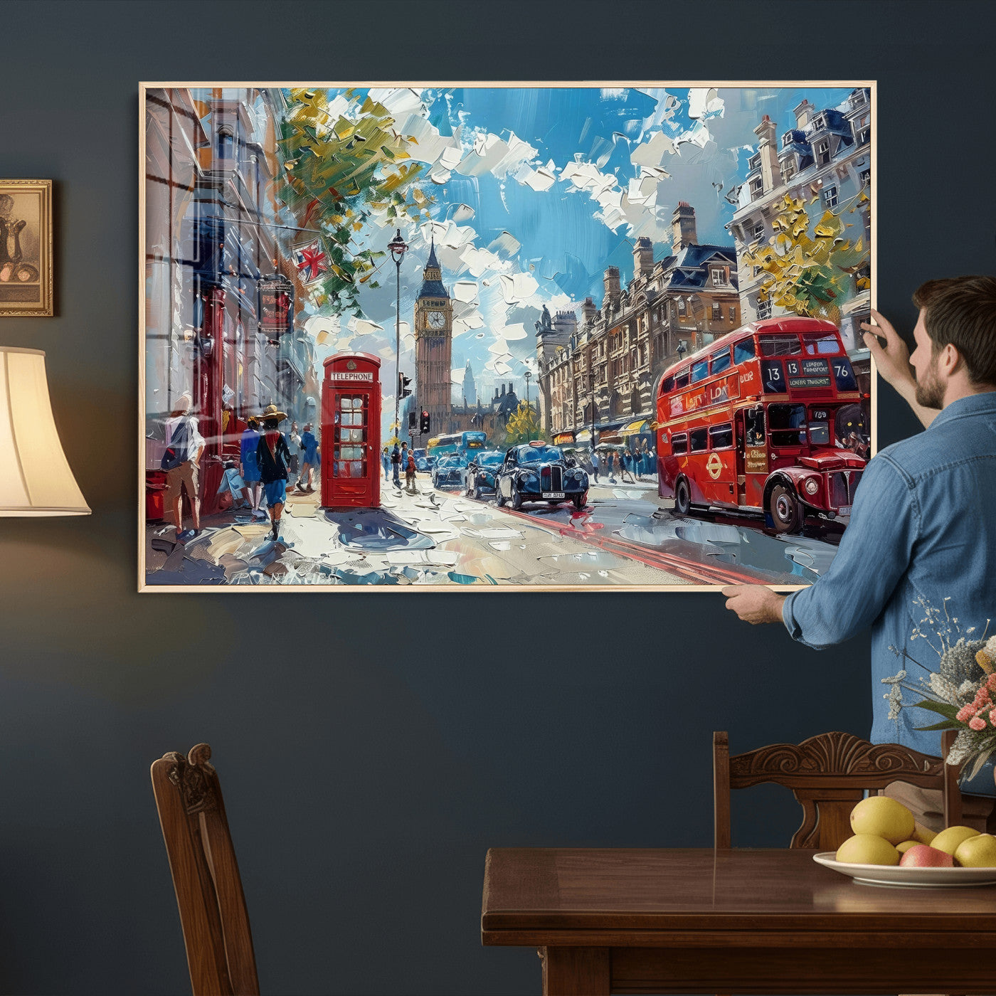 17630888-MGV-CV-36X24 - Modern London City Street Wall Art Canvas Print, Big Ben & Red Bus Artwork Canvas Print