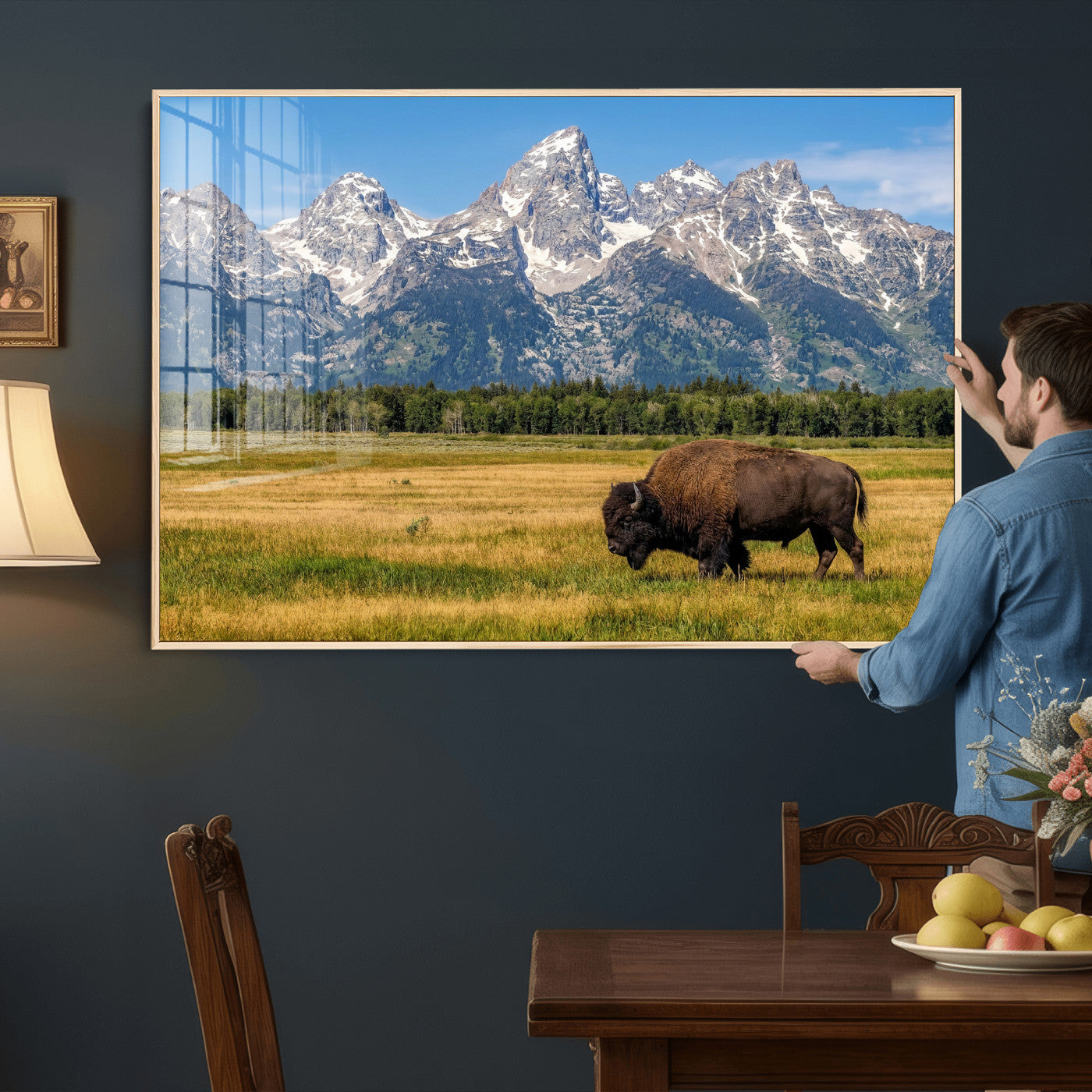 20424529-MGV-CV-36X24 - Bison in Mountain Landscape Wall Art Canvas Print – Western Wildlife Artwork for Rustic Living Room Decor