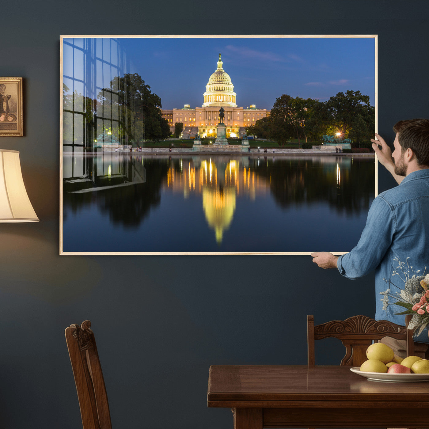 95568590-MGV-CV-36X24 - US Capitol Building Wall Art Canvas Print – Washington DC Landmark Night Reflection Artwork for Office Decor