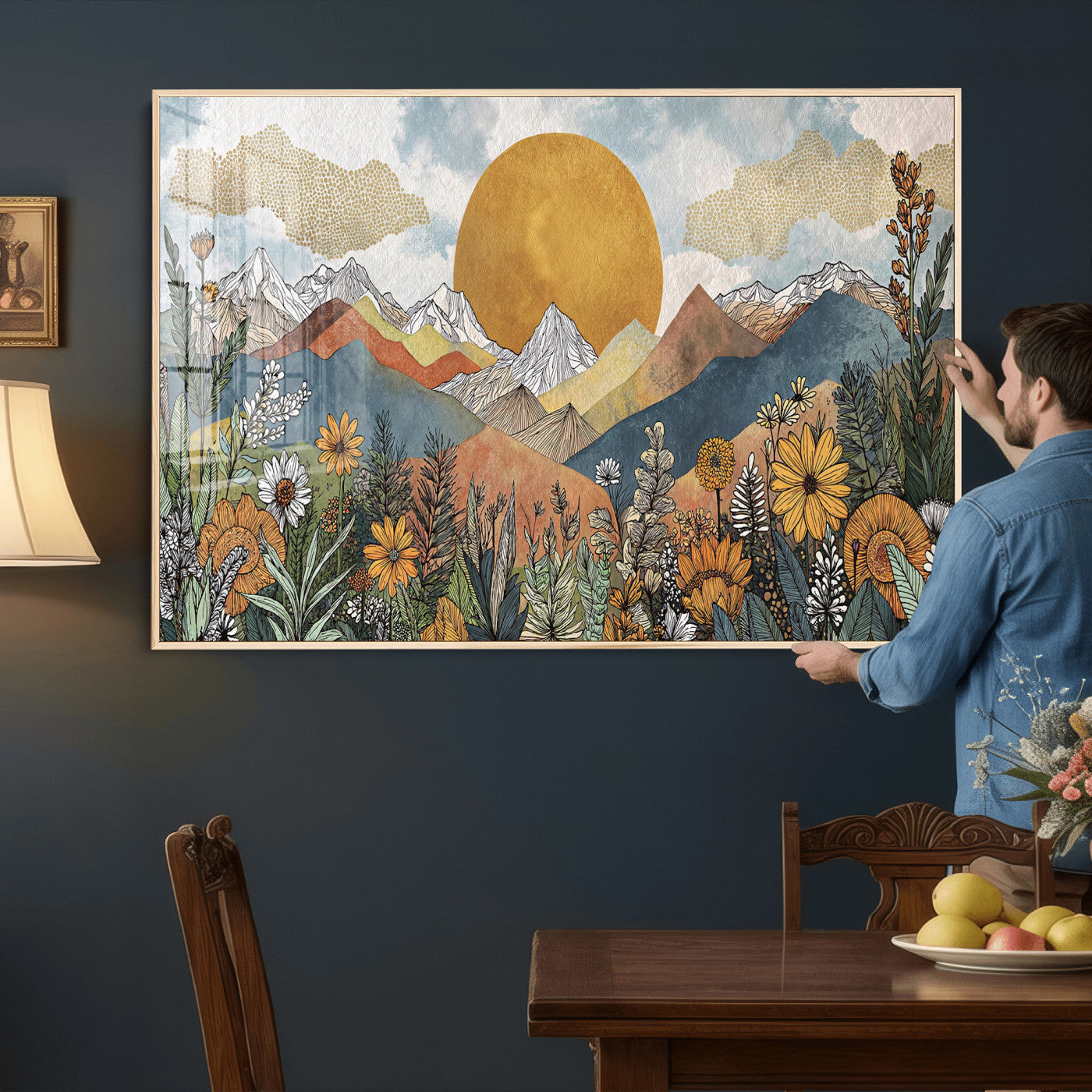 17540863-MGV-CV-36X24 - Boho Mountain Landscape Large Wall Art, Horizontal Gold Framed Canvas Print with Sun and Flowers