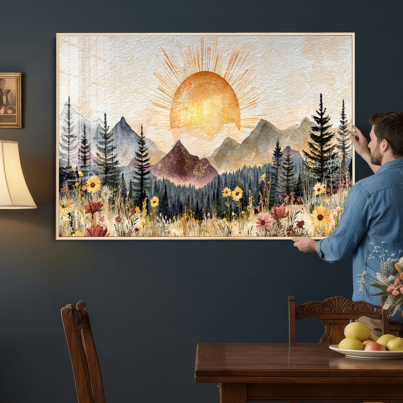 69025244-MGV-CV-36X24 - Boho Mountain Landscape Large Wall Art, Horizontal Gold Framed Canvas Print with Sun and Flowers