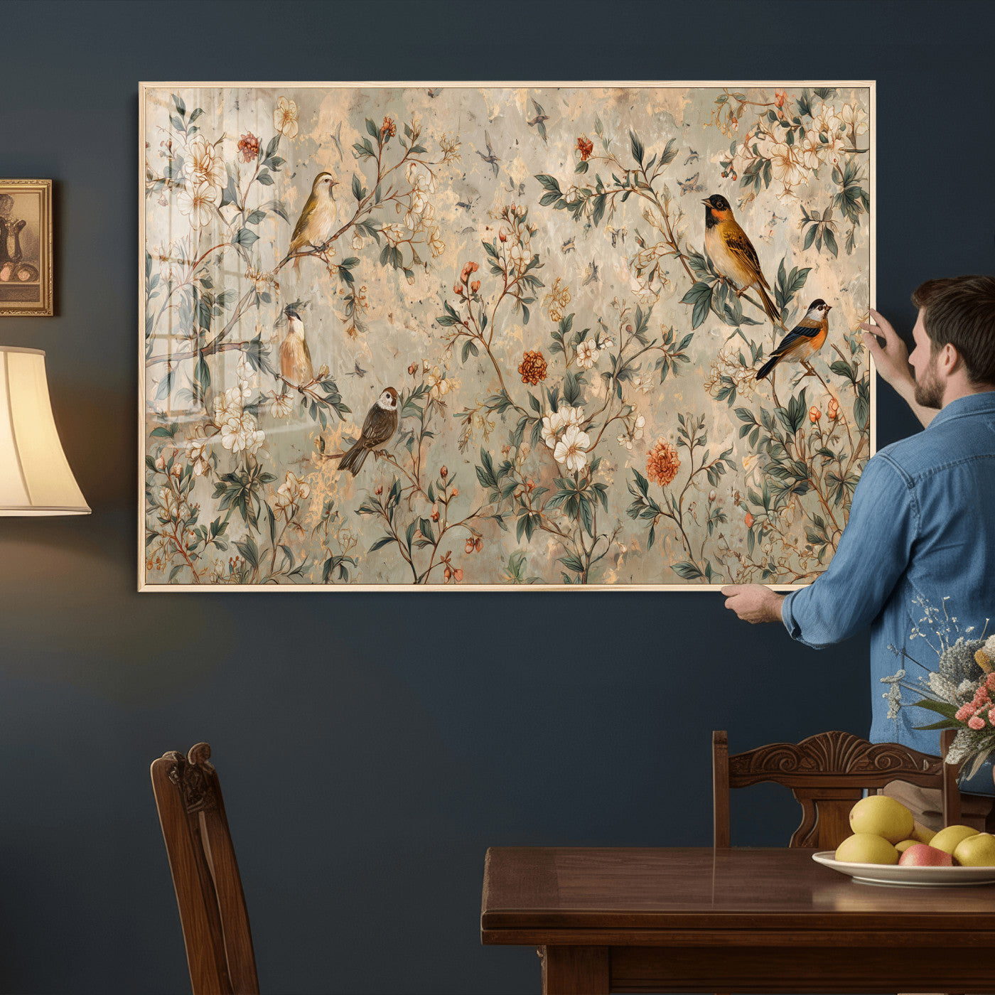76588438-MGV-CV-36X24 - Vintage Birds and Flowers Wall Art Canvas Print, Botanical Bird Painting Canvas Print, Floral Garden Bird Artwork Canvas Print, Classic Bird Flower Painting Canvas Print