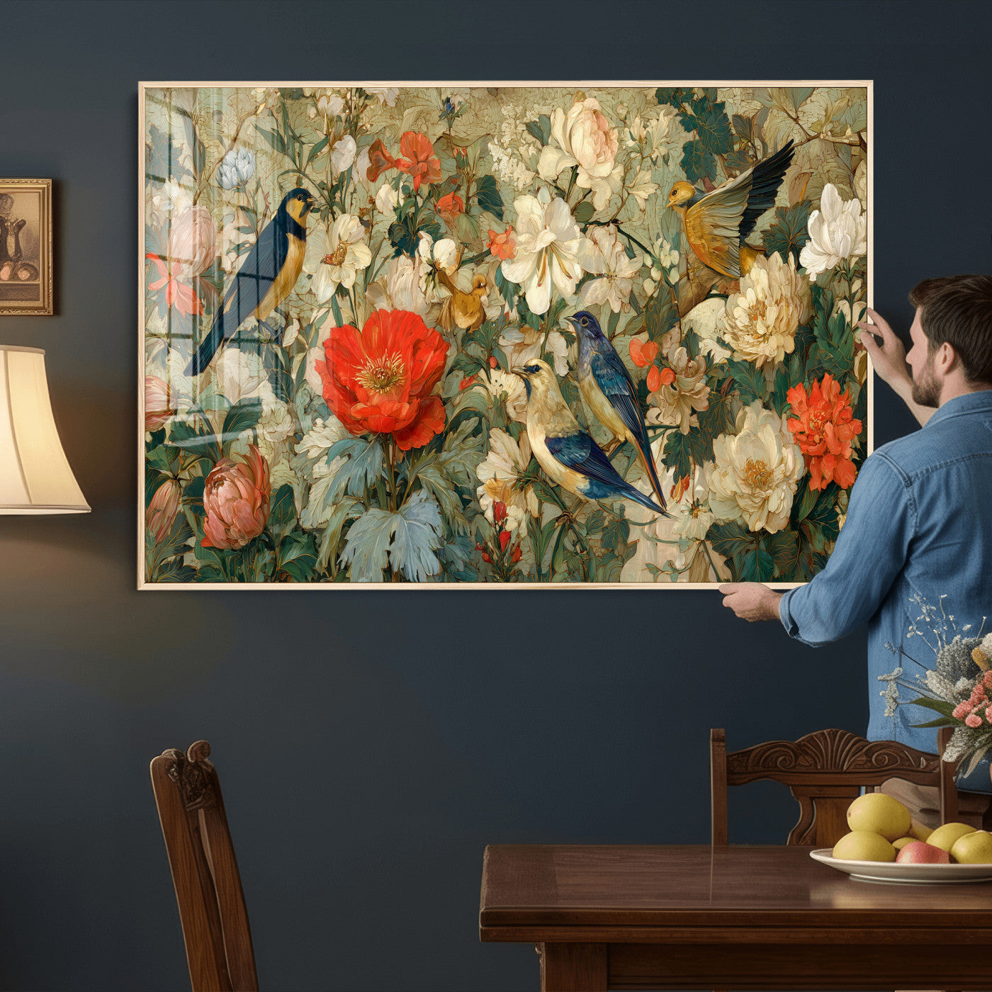 52904757-MGV-CV-36X24 - Vintage Birds and Flowers Wall Art Canvas Print, Botanical Bird Painting Canvas Print, Floral Garden Bird Artwork Canvas Print, Classic Bird Flower Painting Canvas Print