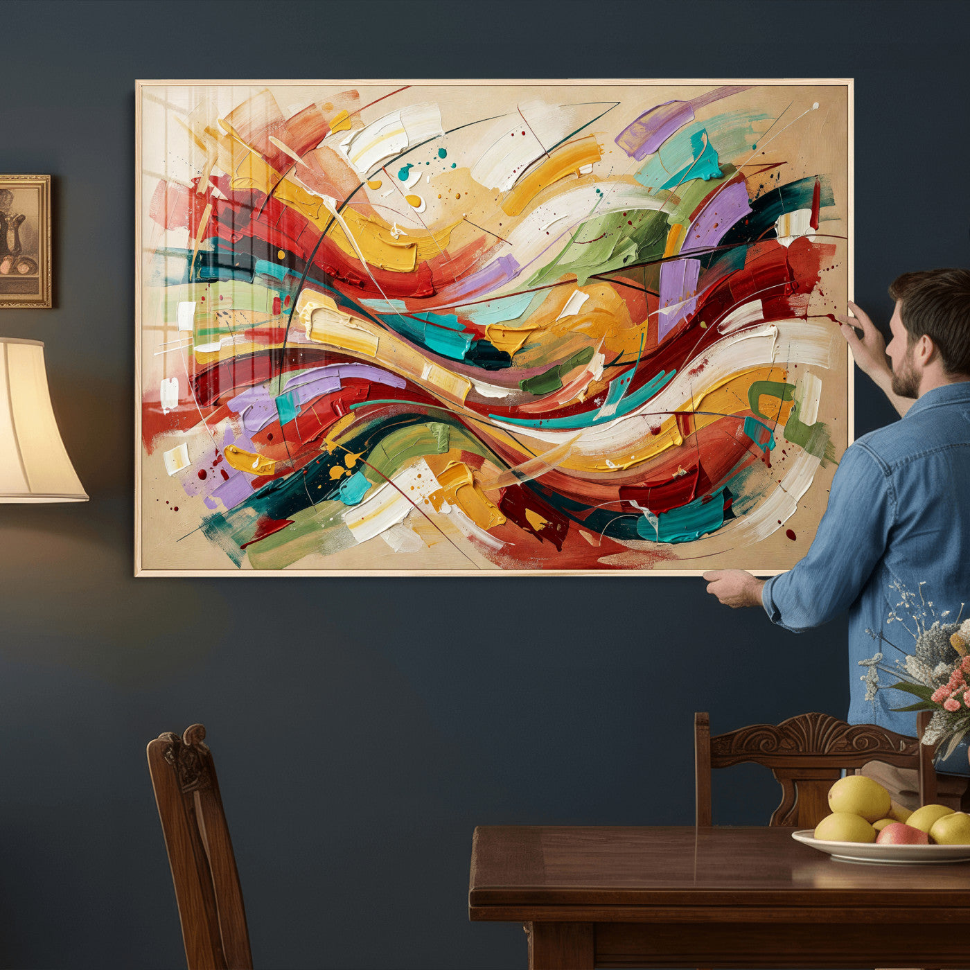 39887645-MGV-CV-36X24 - Geometric Abstract Wall Art Canvas Print, Orange Blue Abstract Expressionist Painting Print, Modern Geometric Abstract Canvas Art