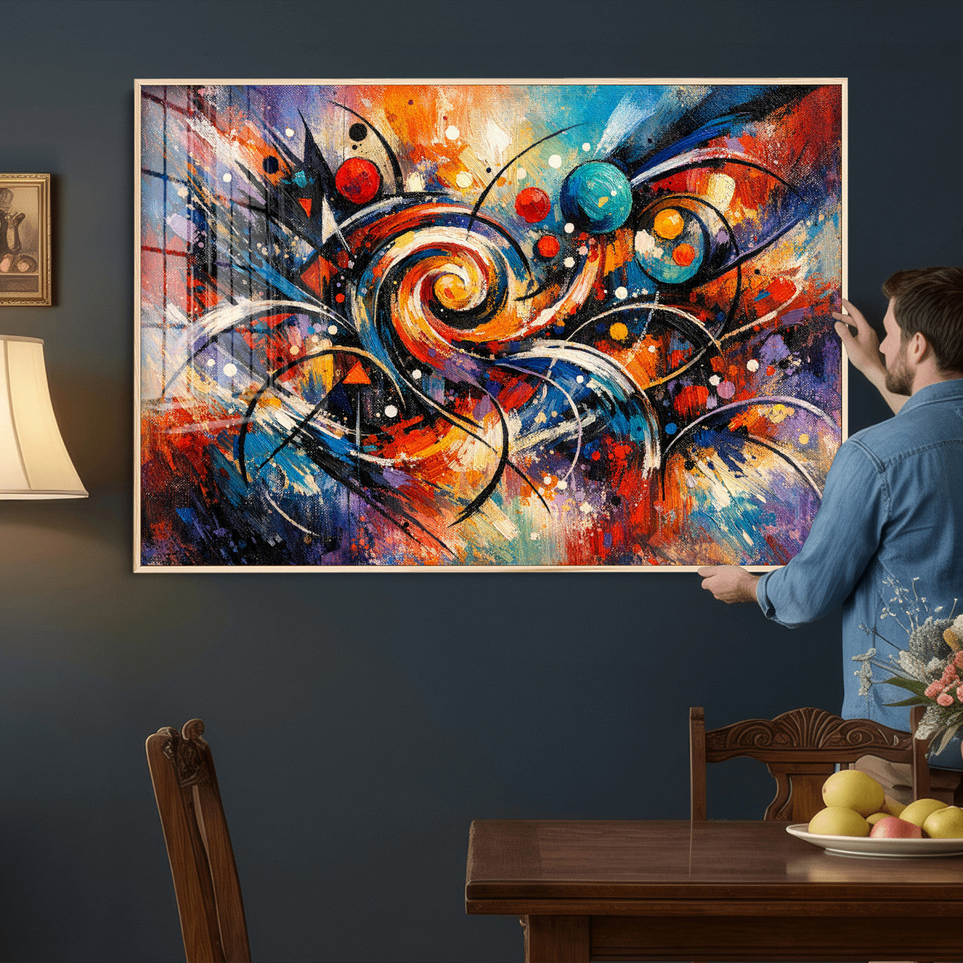 60193267-MGV-CV-36X24 - Geometric Abstract Wall Art Canvas Print, Orange Blue Abstract Expressionist Painting Print, Modern Geometric Abstract Canvas Art