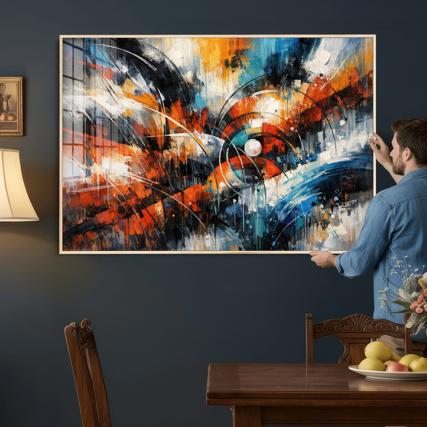 47120691-MGV-CV-36X24 - Geometric Abstract Wall Art Canvas Print, Orange Blue Abstract Expressionist Painting Print, Modern Geometric Abstract Canvas Art