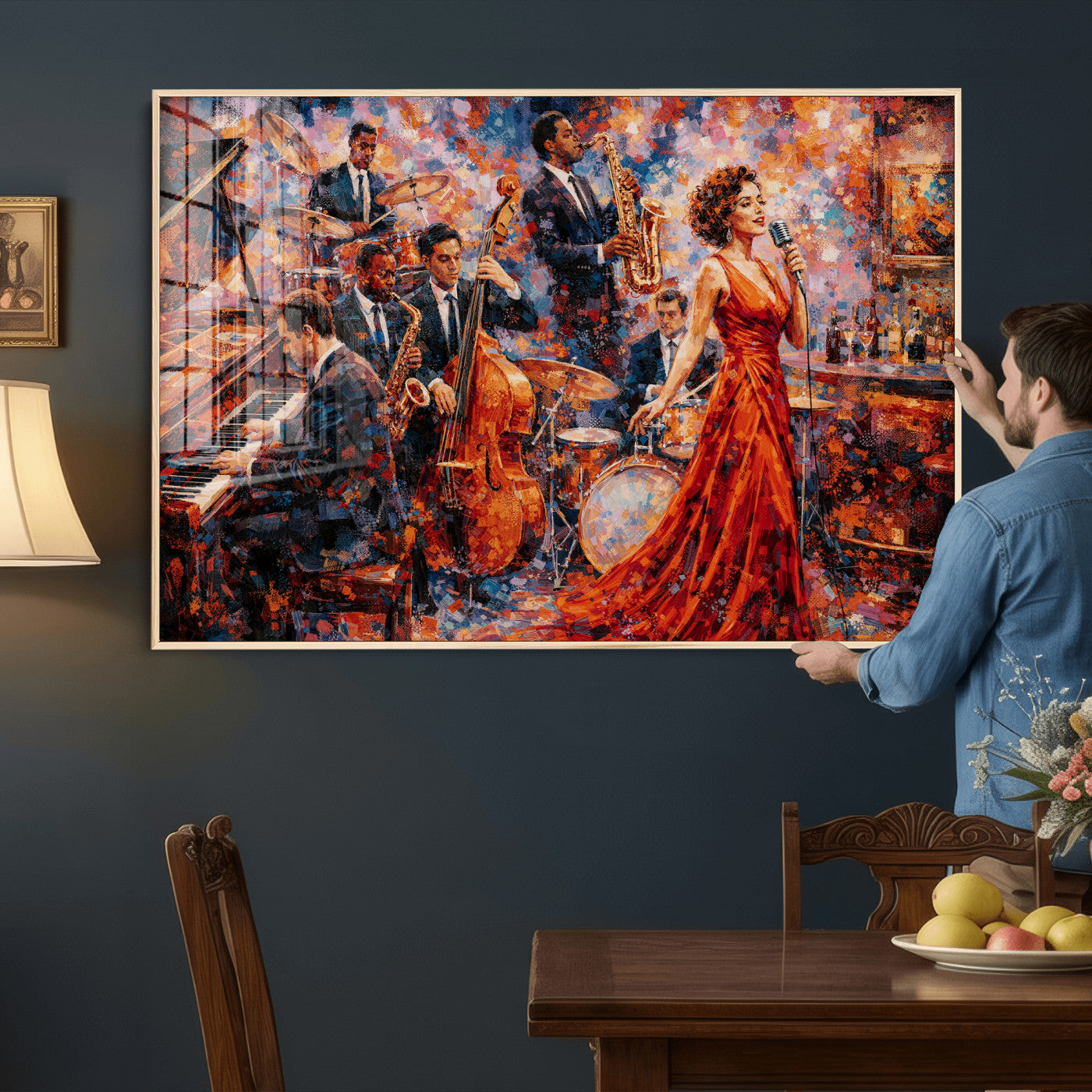 620930SF20-MGV-CV-36X24 - Jazz Band Canvas Wall Art — Jazz Club Singer Saxophone Print | Music Wall Decor | Bar Restaurant Art | Music Lover Gift | Jazz Home Decor