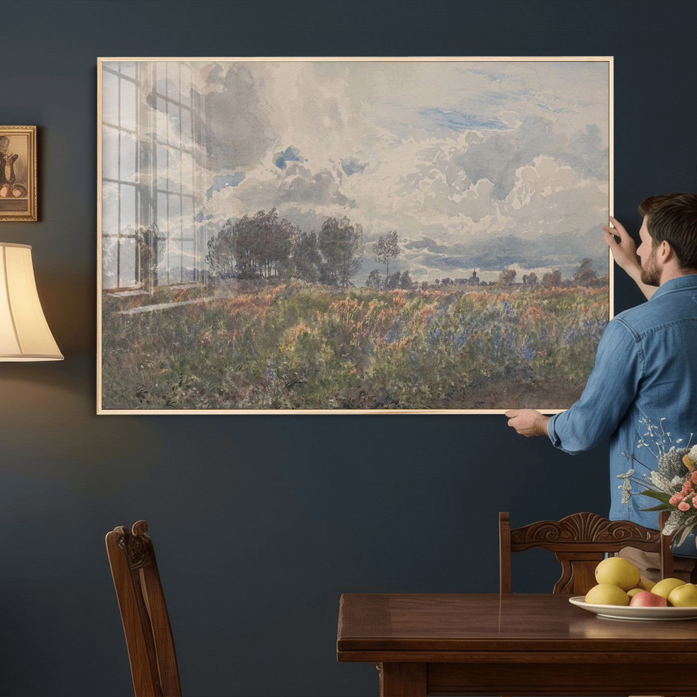 76626885-MGV-CV-36X24 - Vintage Watercolor Meadow Canvas Wall Art — English Pastoral Wildflower Storm Sky Print | Cottagecore Nature Decor | Classic Landscape Gift