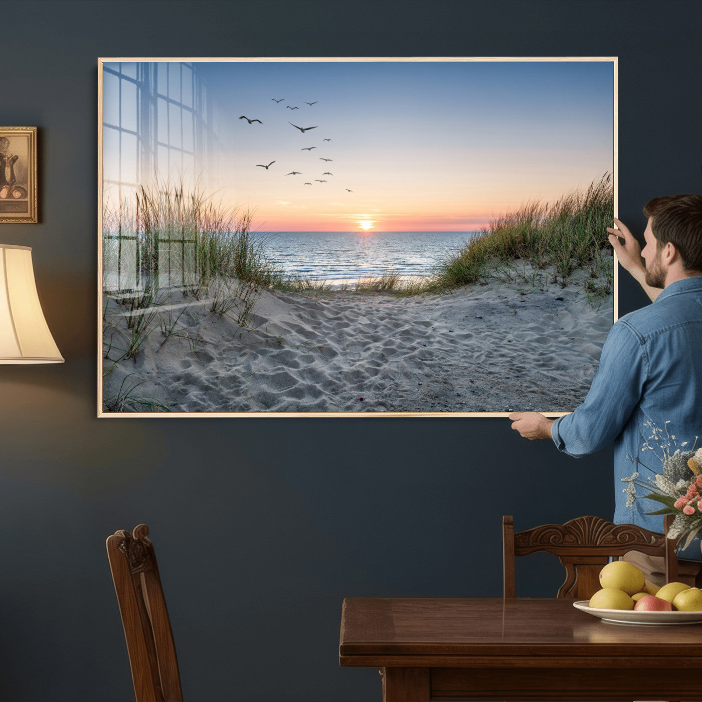 12172032-MGV-CV-36X24 - Sandy Dune Path Sunset Canvas Wall Art — Seagulls Beach Ocean Photography Print | Coastal Home Decor | Nautical Wall Art | Beach House Gift