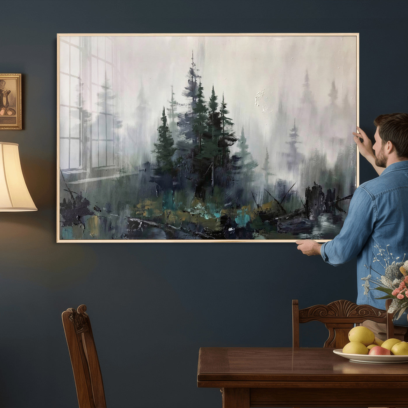 94143325-MGV-CV-36X24 - Misty Pine Forest Oil Painting Canvas — Dark Moody Teal Grey Tree Print | Japandi Scandinavian Wall Art | Minimalist Nature Decor Gift