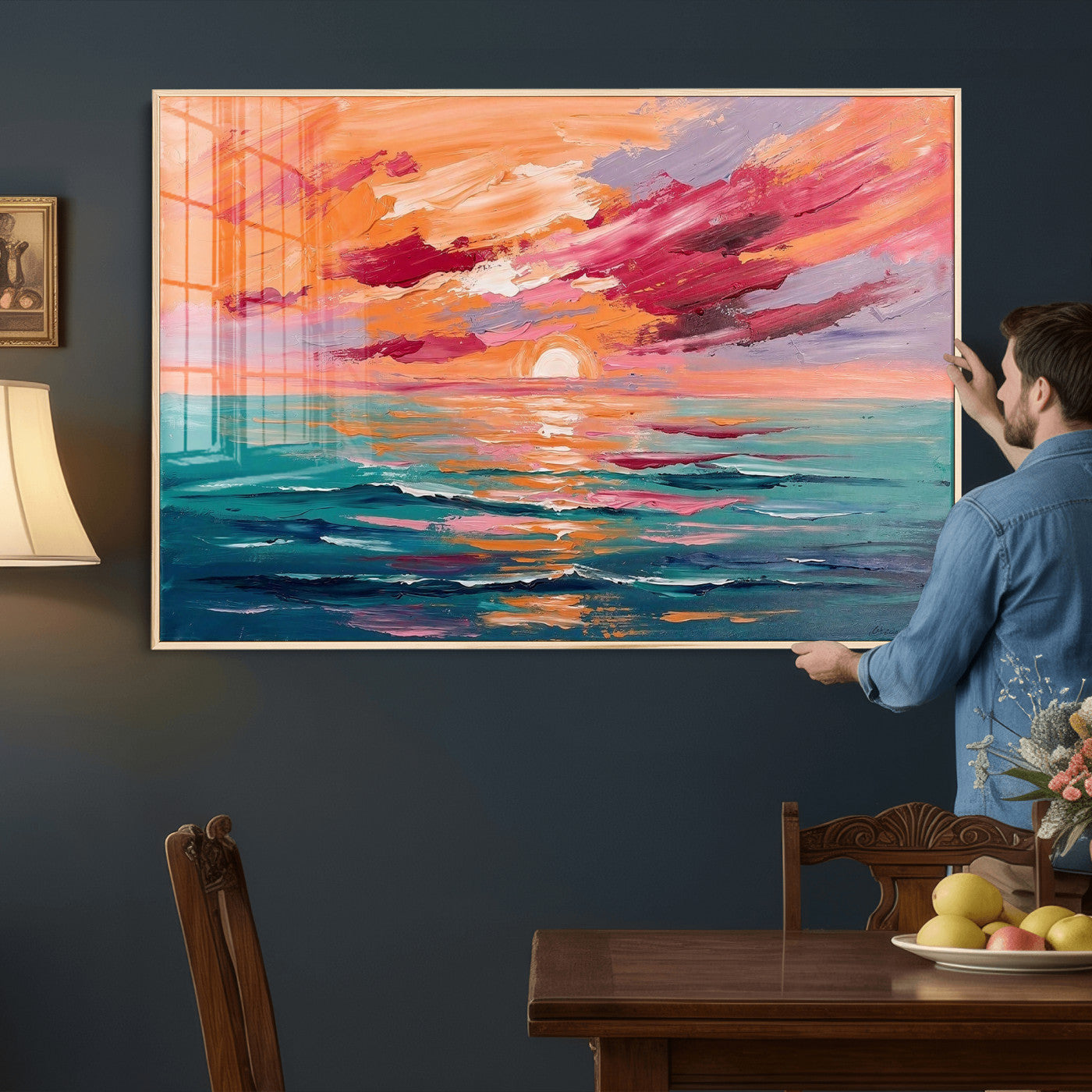 26763902-MGV-CV-36X24 - Bold Palette Knife Ocean Sunset Canvas — Orange Pink Teal Expressionist Sea Print | Colorful Coastal Wall Art | Vibrant Beach Decor Gift