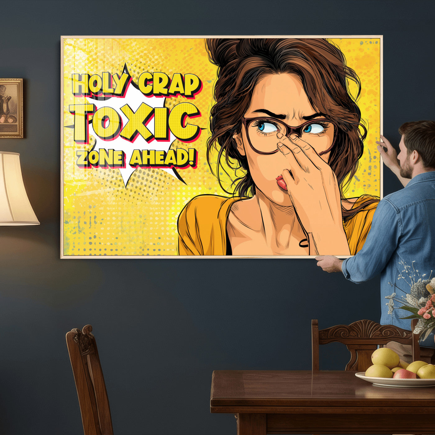 96263876-MGV-CV-36X24 - Pop Art Print Bathroom Sign Wall Art Canvas Print — Funny Bathroom Canvas | Comic Style Toilet Wall Decor | Humor Gift | Yellow Bold Bathroom Art