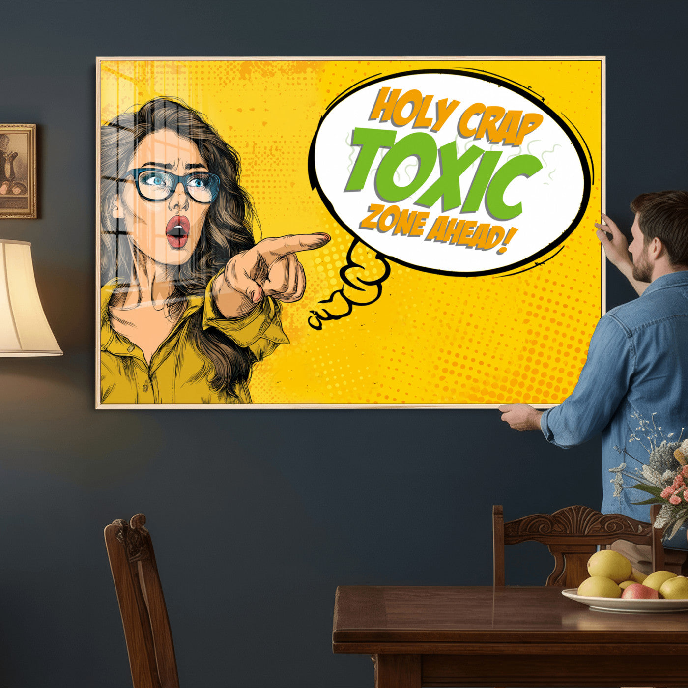 79156505-MGV-CV-36X24 - Pop Art Print Bathroom Sign Wall Art Canvas Print — Funny Bathroom Canvas | Comic Style Toilet Wall Decor | Humor Gift | Yellow Bold Bathroom Art